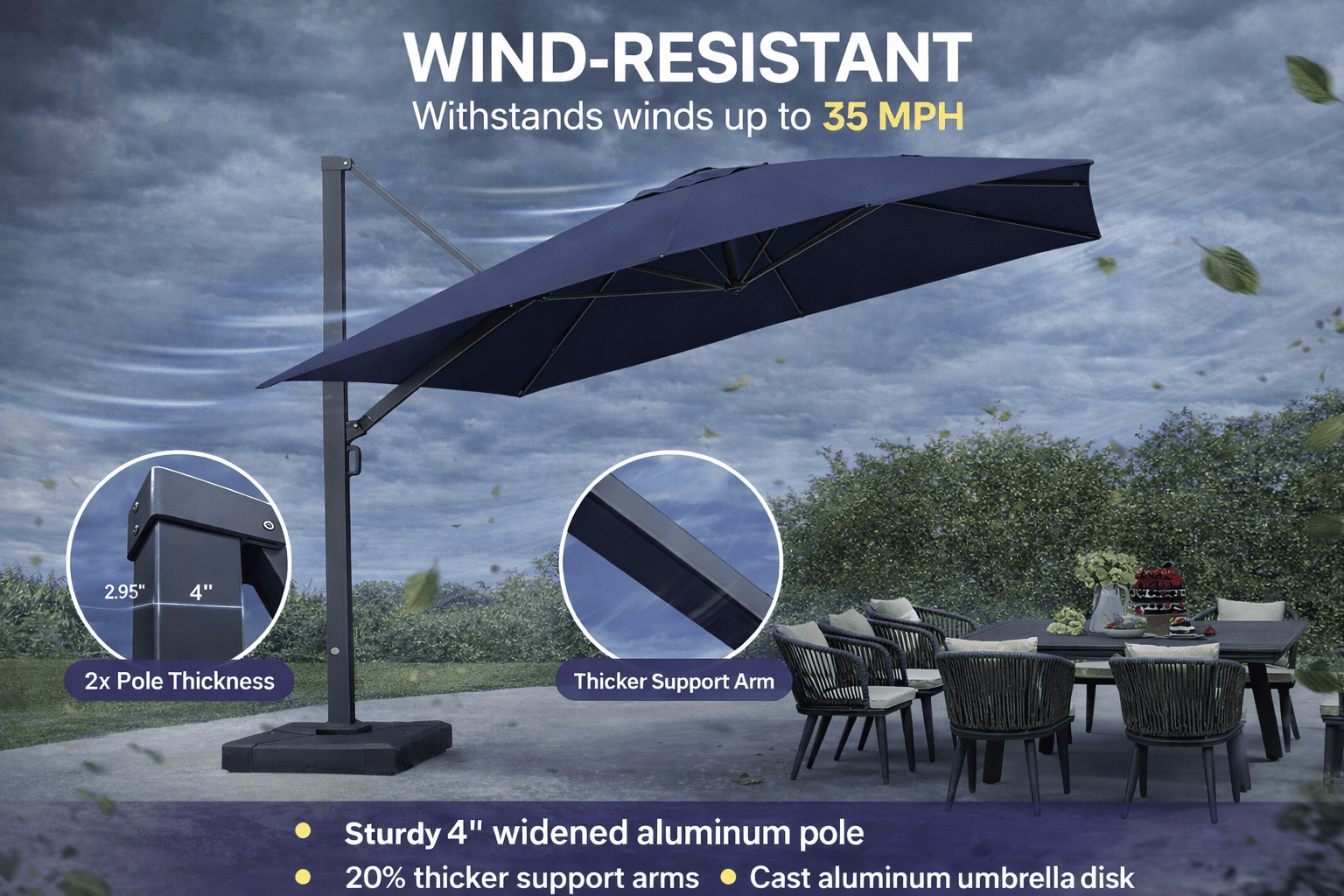 PURPLE LEAF 12 FT Outdoor Cantilever Umbrellas Square Aluminum Windproof Offset Umbrella with 360°Rotation Tilt Adjutable Garden Pool Large Patio Umbrella,Gray