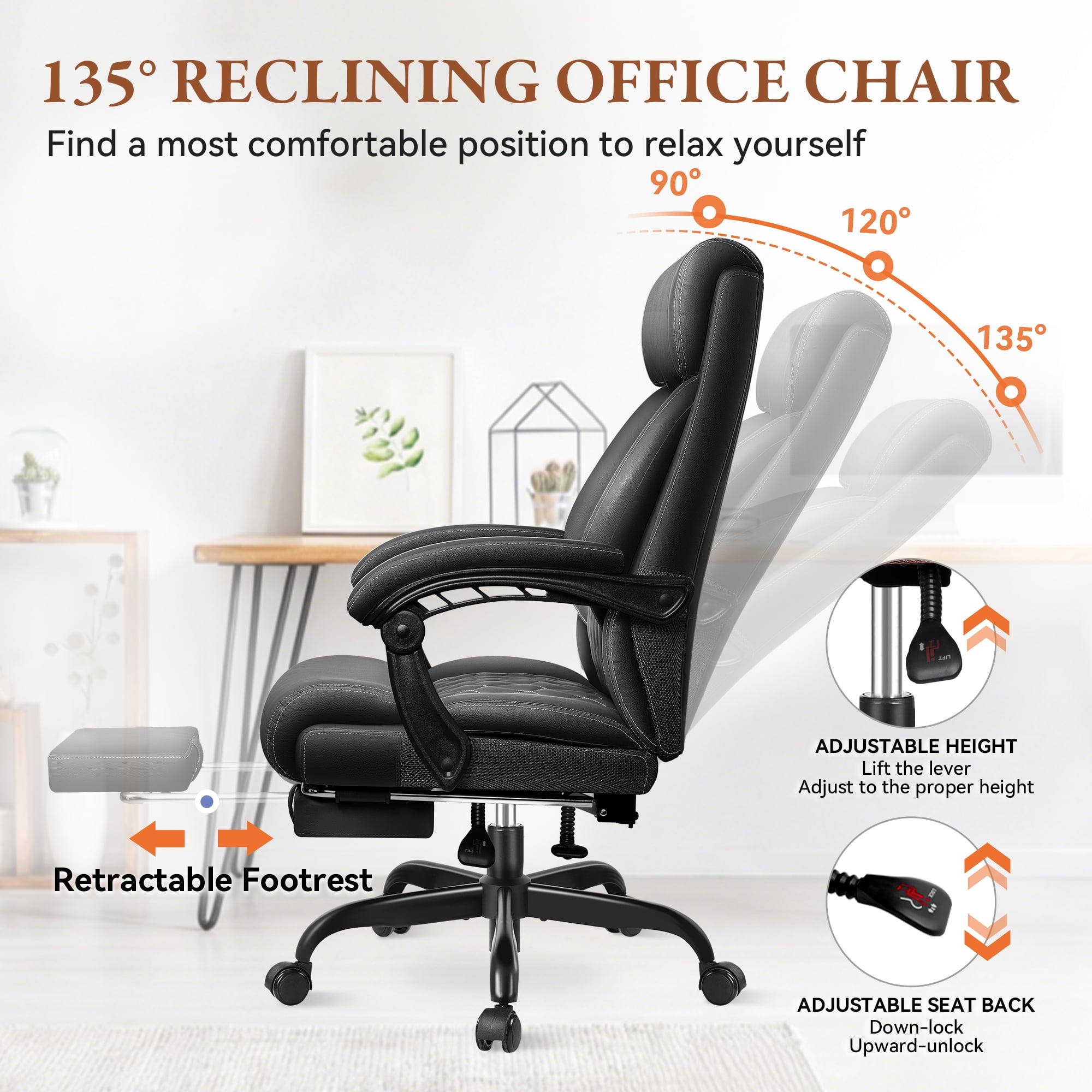 FASTES Executive Office Chair, Ergonomic Desk Chair with Adjustable Armrests, Computer Leather Chair Big and Tall Office Chair with Footrest and Lumbar Support, Brown