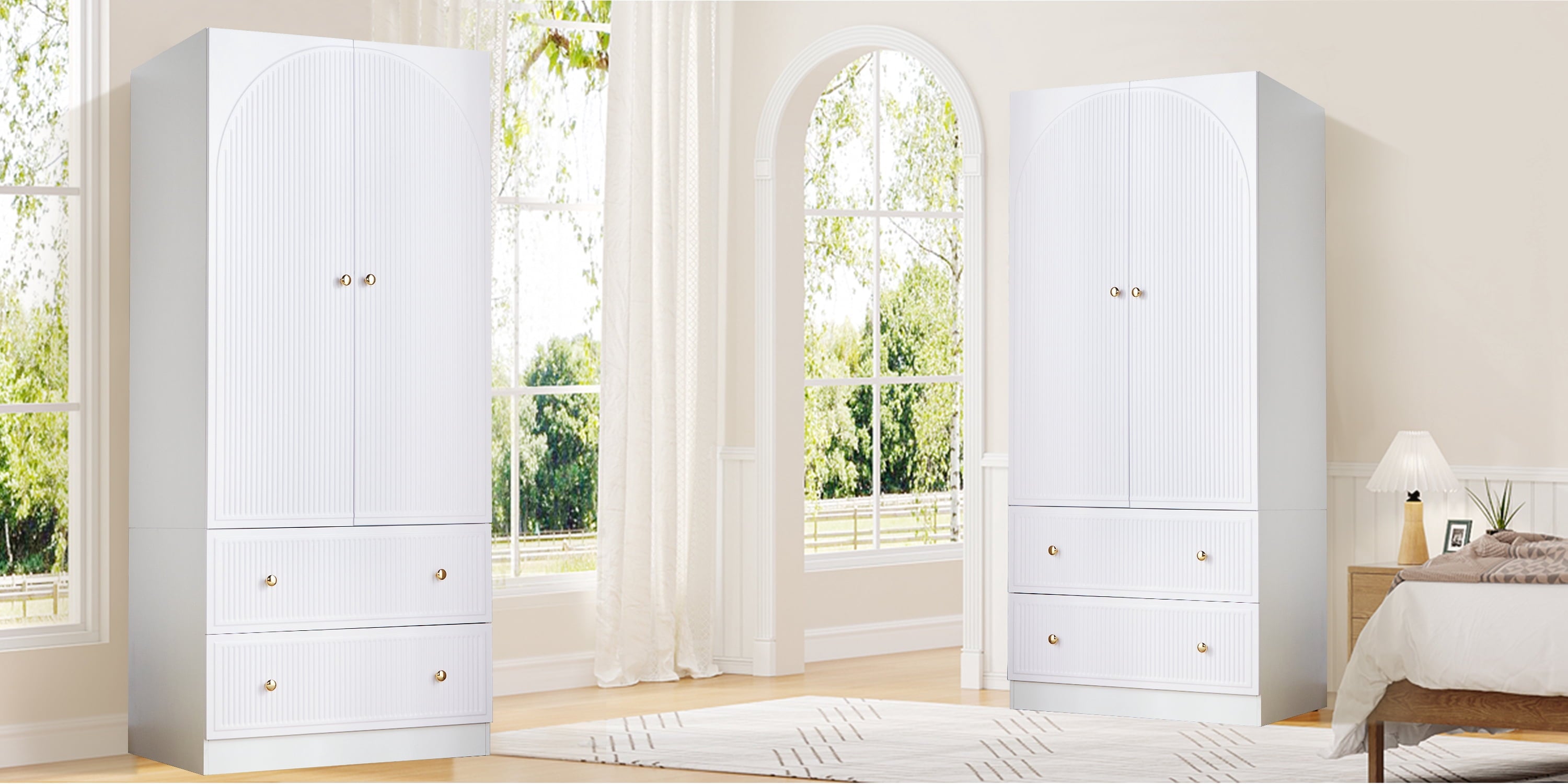Wirrytor Freestanding Wooden Armoire Wardrobe with 2 Woven Doors and Storage Drawers, Space-Saving Closet Cabinet for Bedroom, Sturdy Mdf Board Closet with Hanging Rail