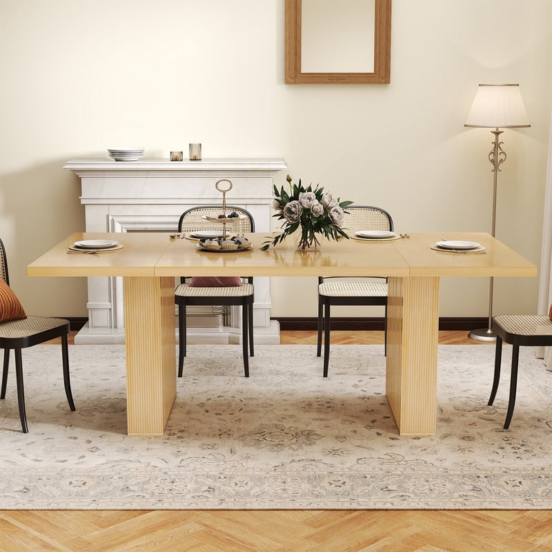 Hawsaiy 78 Rectangular Farmhouse Dining Table for 6–8, Large Kitchen Table with Grooved Wood Base, Thick Waterproof Top for Dining Room, Walnut