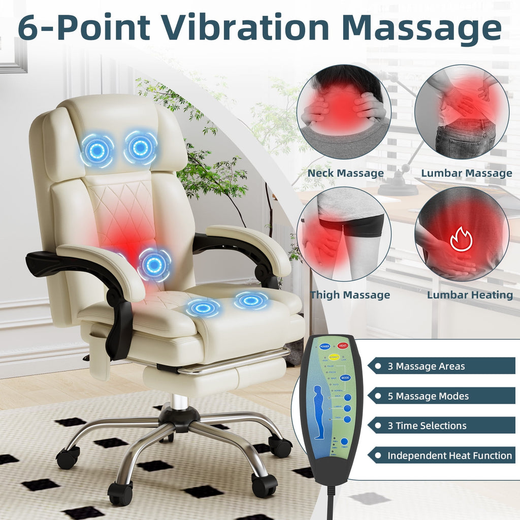 HOMREST Ergonomic Office Chair with 6-Point Massage & Heating, Adjustable Executive Desk Chair with Retractable Footrest, PU Leather Home Office Desk Chair for Home & Office (Black)