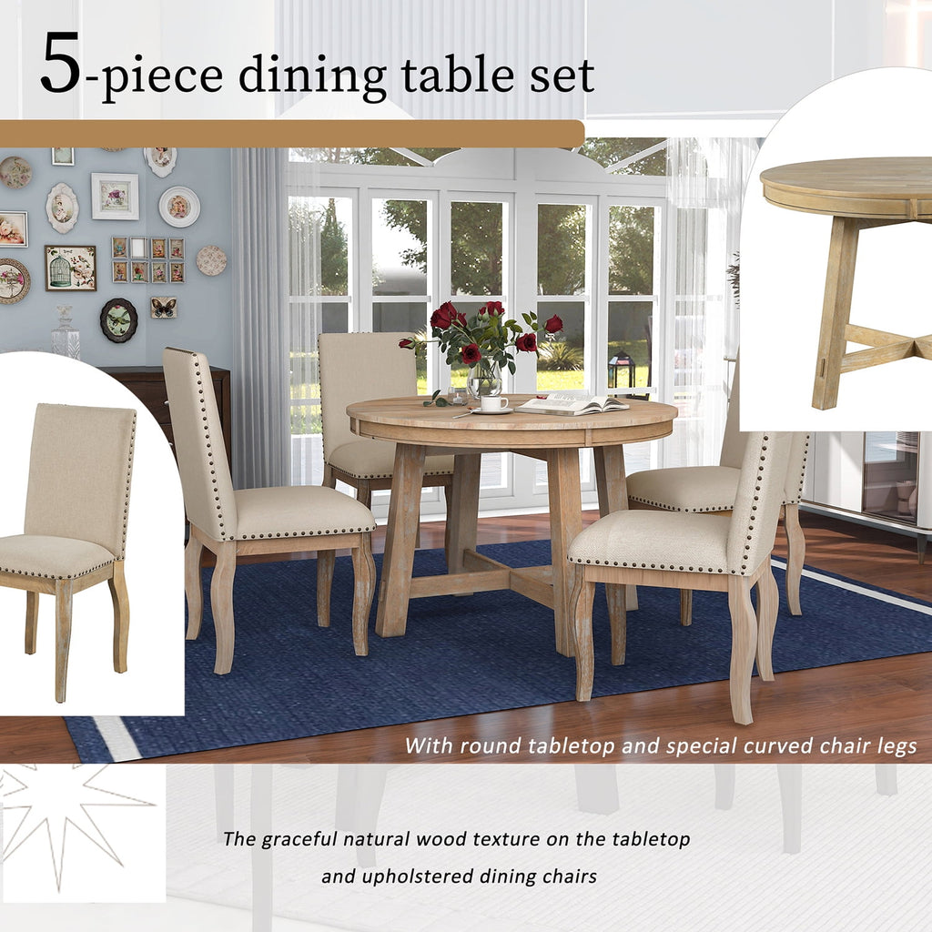 Harper & Bright Designs Extendable Dining Table Set for 4 Upholstered Chairs Functional Retro Style Table for Dining Room Kitchen, Natural Wood Wash