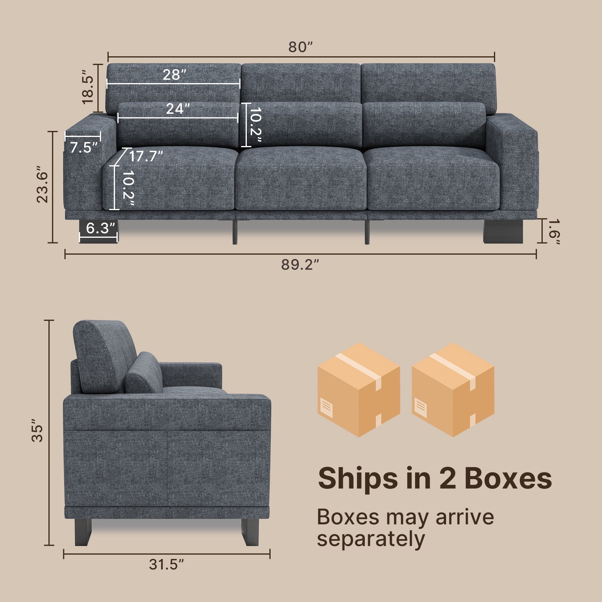 Asofer 89 3 Seater Sofa Couch,  Comfy Extra Deep Seat with Upholstered  3 Pillows for Living Room, Apartment,Dark Gray