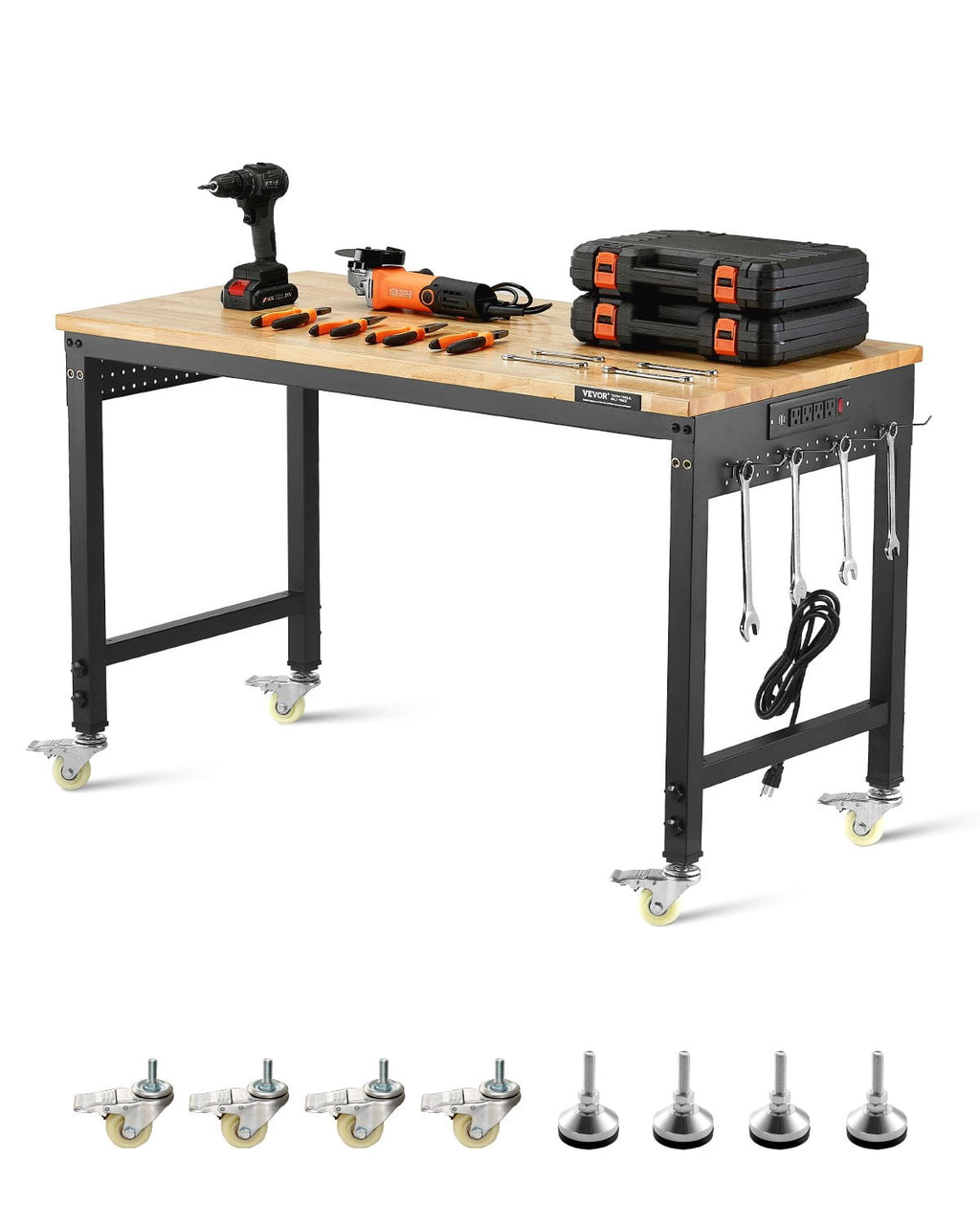 VEVOR 48-Inch Adjustable Workbench, 2000 lbs Load, Work Bench with Power Outlet, Wheels, and Pegboard, Heavy Duty Oak Wood Top Work Table for Garage, Workshop, Office, and Home
