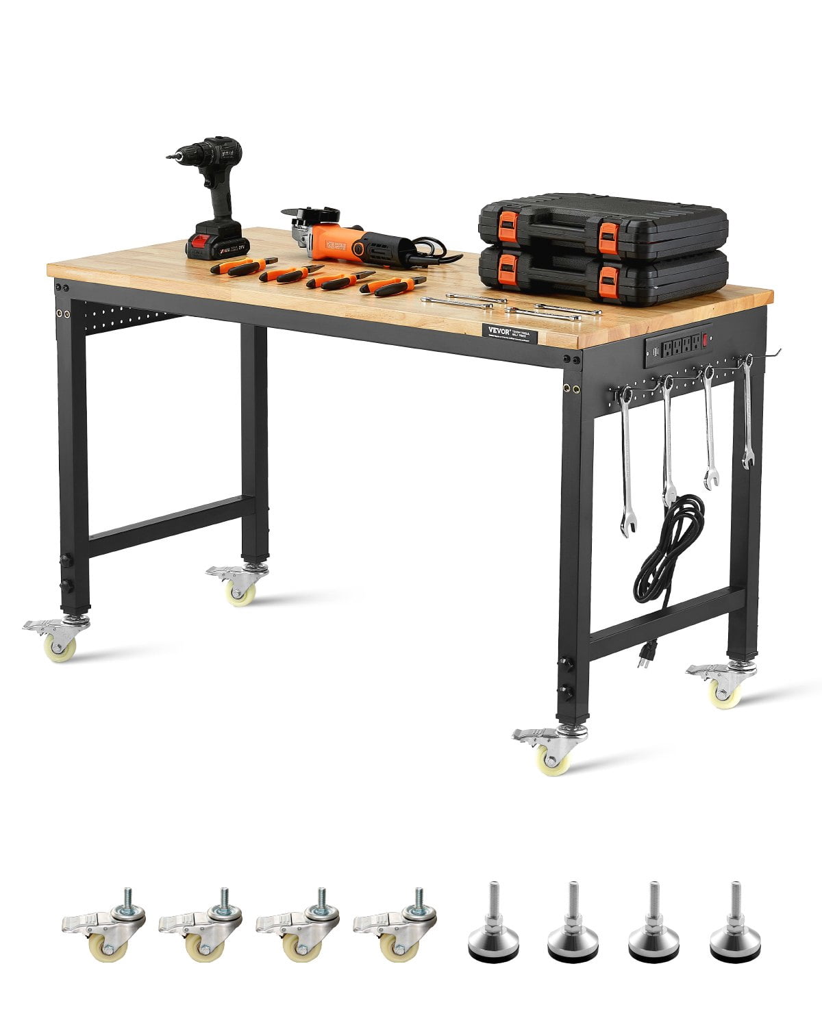 VEVOR 48-Inch Adjustable Workbench, 2000 lbs Load, Work Bench with Power Outlet, Wheels, and Pegboard, Heavy Duty Oak Wood Top Work Table for Garage, Workshop, Office, and Home