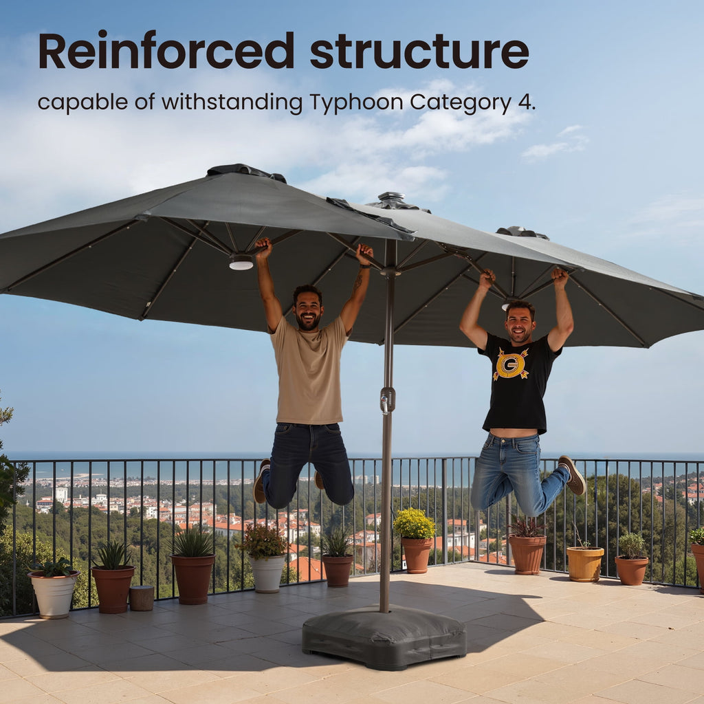 Ovios 15ft Solar LED Patio Umbrellas Double-Sided Outdoor Umbrella 36 LED Lights Large Poolside Umbrella with Base for Outside, Market, Backyard, Dark Grey