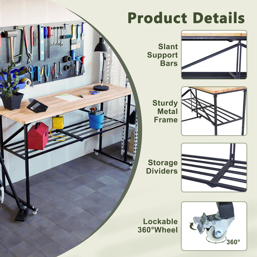 68 Folding Workbench with 1.5 Thick Hardwood Top, 2000 LBS Heavy Duty Adjustable Height Garage Work Table with Locking Wheels for Shop, Office, Crafting