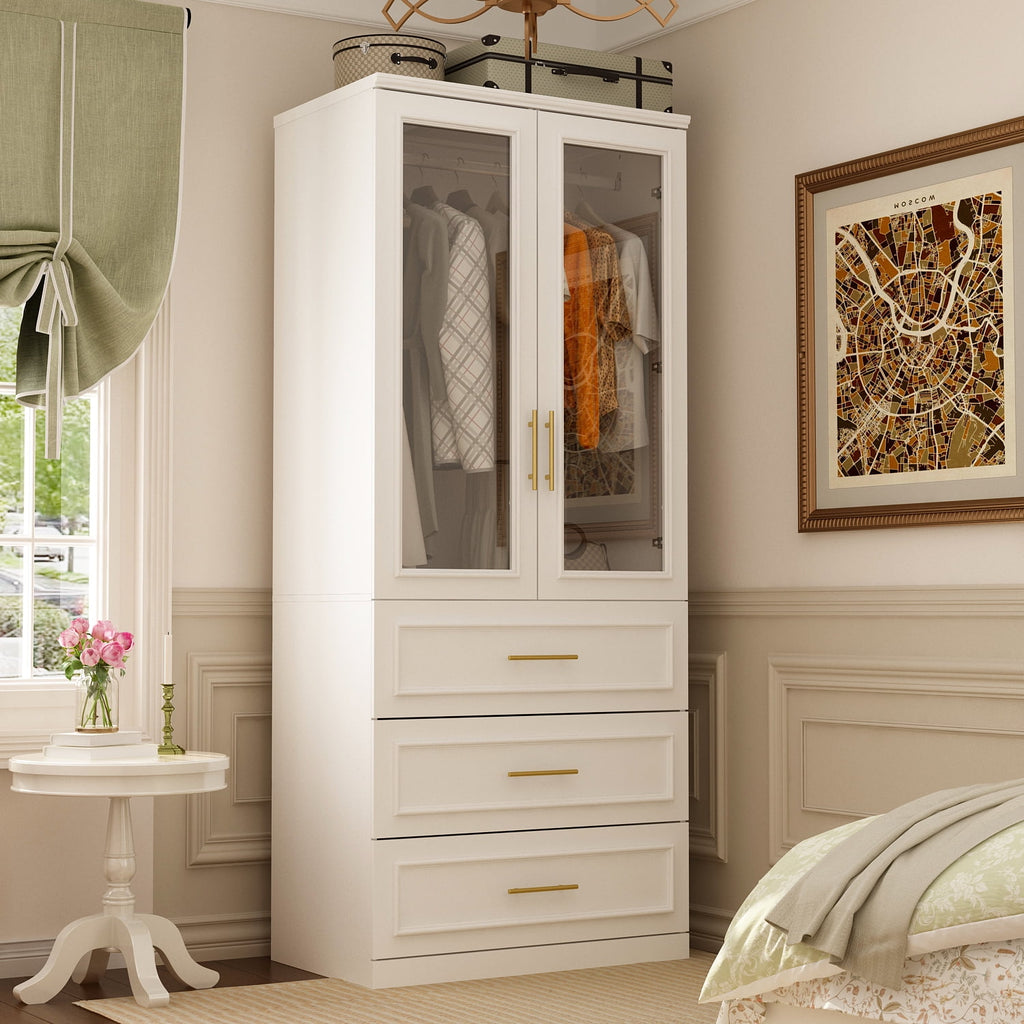 OxyLife 2 Door Wardrobe Armoire, White Closet Storage Organizer with Drawers and Shelves