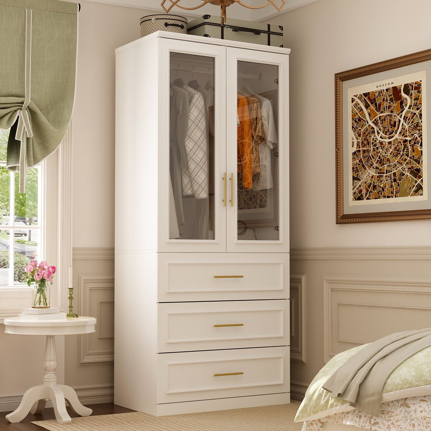 OxyLife 2 Door Wardrobe Armoire, White Closet Storage Organizer with Drawers and Shelves