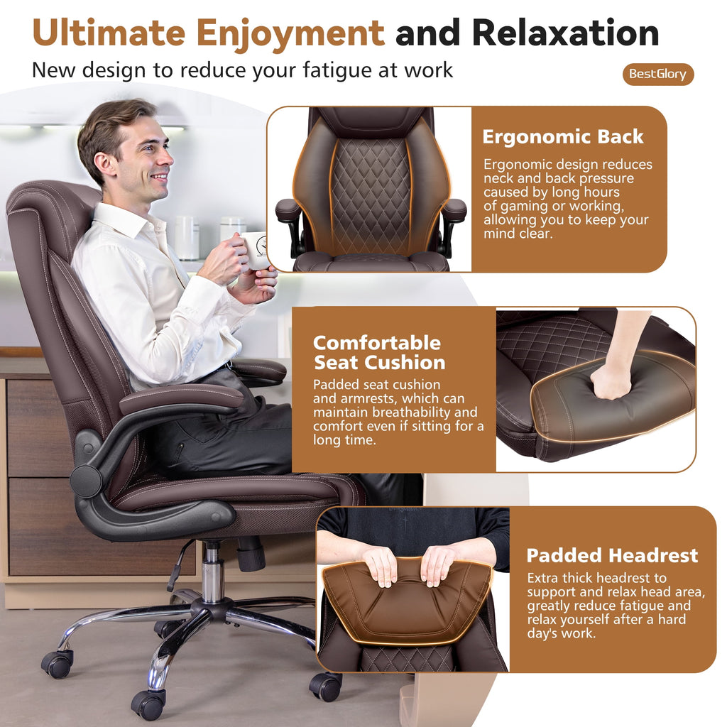 FASTES Ergonomic Office Chair, Big and Tall Leather Desk Chair with Footrest and Lumbar Support, 2-Position Reclining Executive Computer Chair, Black