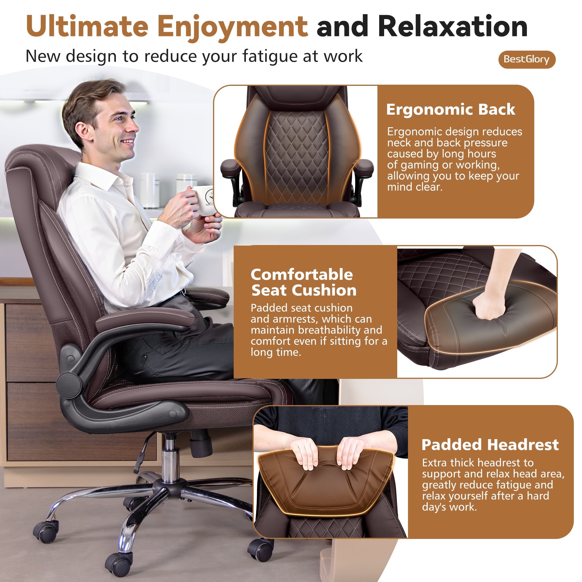 FASTES Ergonomic Office Chair, Big and Tall Leather Desk Chair with Footrest and Lumbar Support, 2-Position Reclining Executive Computer Chair, Black