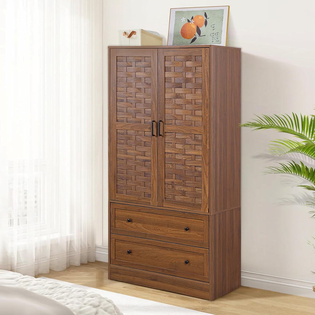 Wirrytor Freestanding Wooden Armoire Wardrobe with 2 Woven Doors and Storage Drawers, Space-Saving Closet Cabinet for Bedroom, Sturdy Mdf Board Closet with Hanging Rail