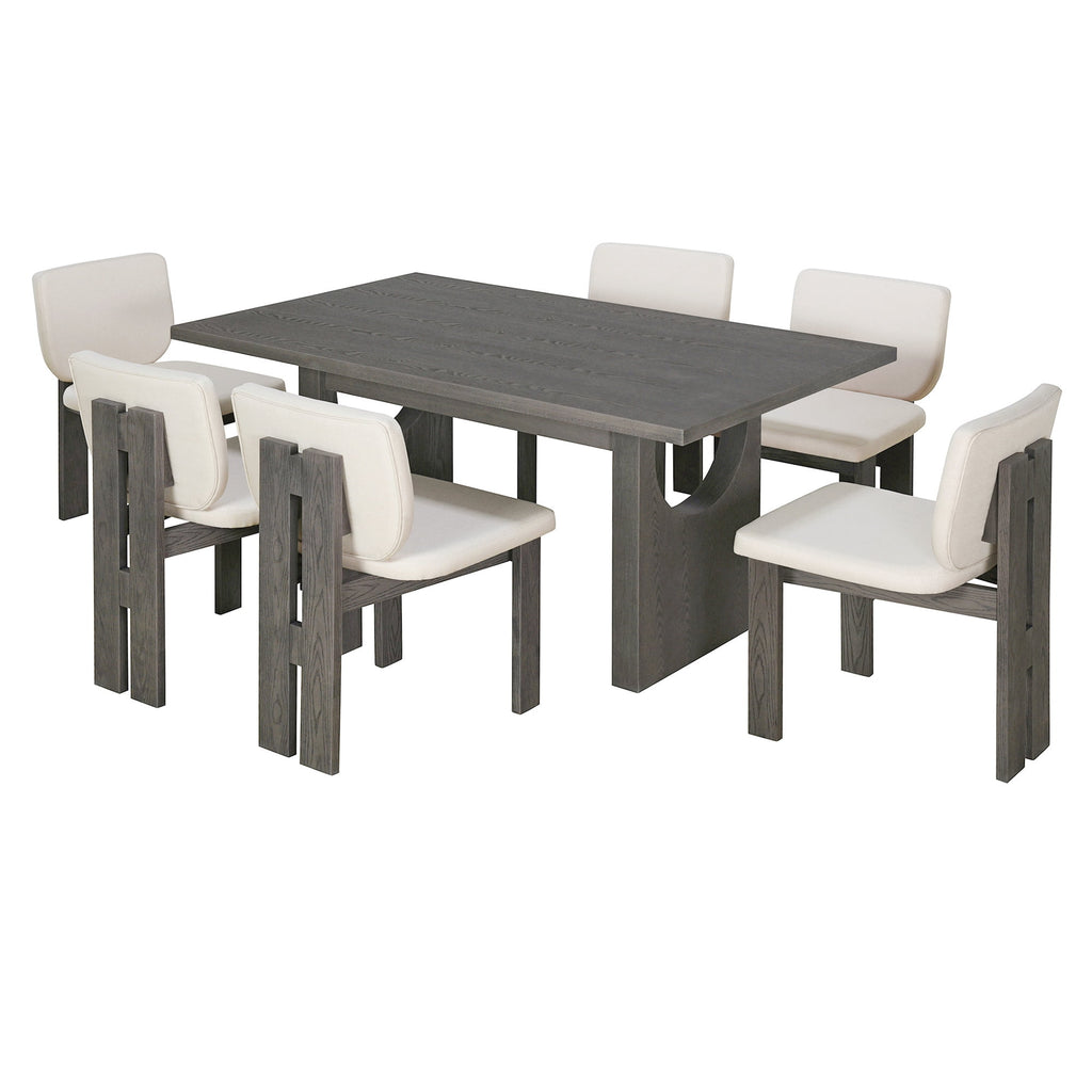 Harper & Bright Designs 7 Pieces Retro Dining Set for 6, Wood Rectangular Table with Designed Trestle Base and 6 Upholstered Chairs for Dining Room and Kitchen, Grey