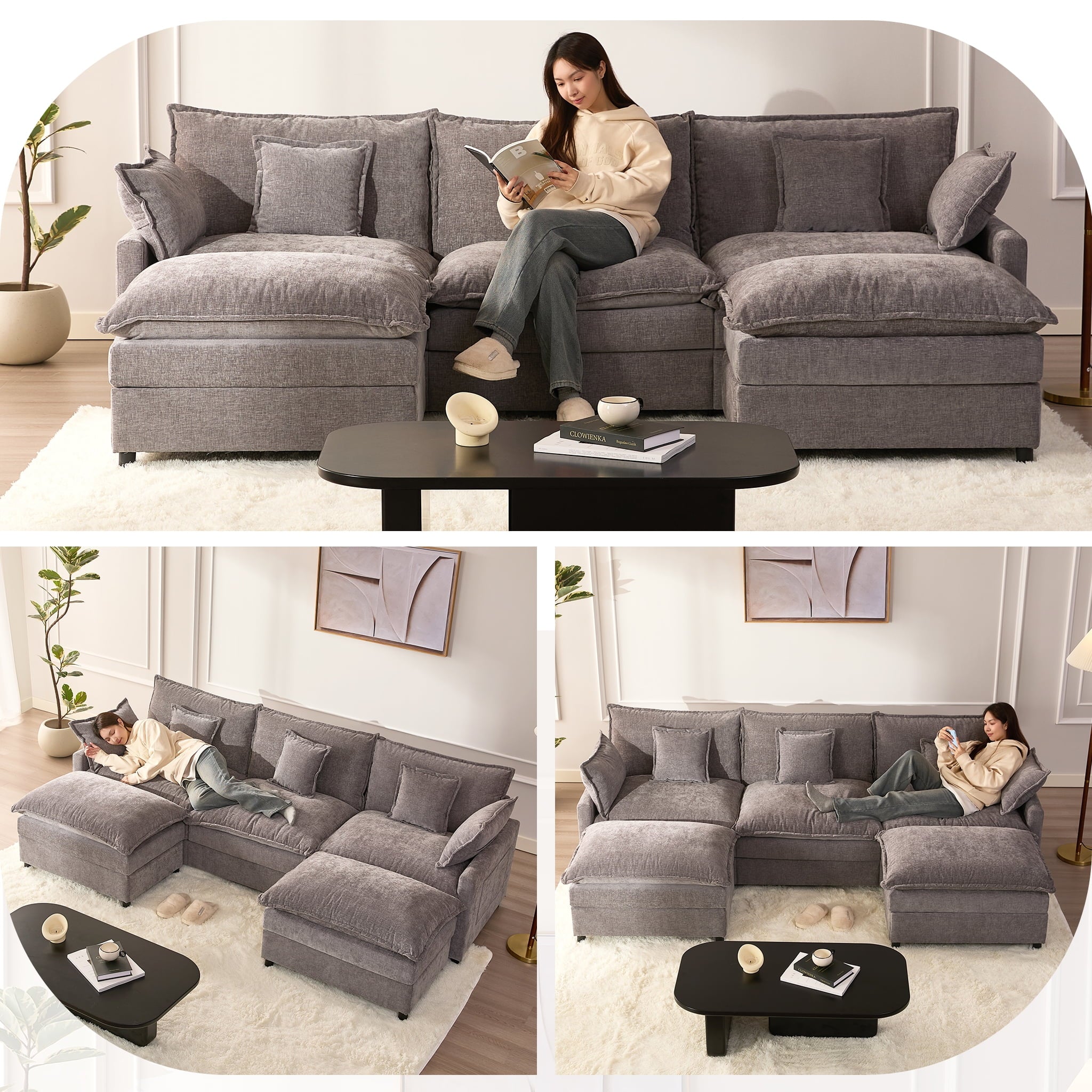 LAKPS 3-Seat Sectional Sofa Couch, Cloud-Style Deep Seating Sleeper Sofa with Included Throw Pillows, Linen Upholstery, Modern Living Room Sofa, Cream White