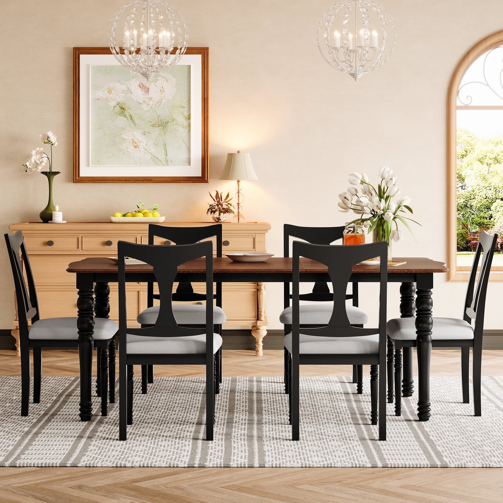 Harper & Bright Designs 7 Pieces Retro Dining Set for 6, Wood Rectangular Table with Designed Trestle Base and 6 Upholstered Chairs for Dining Room and Kitchen, Grey
