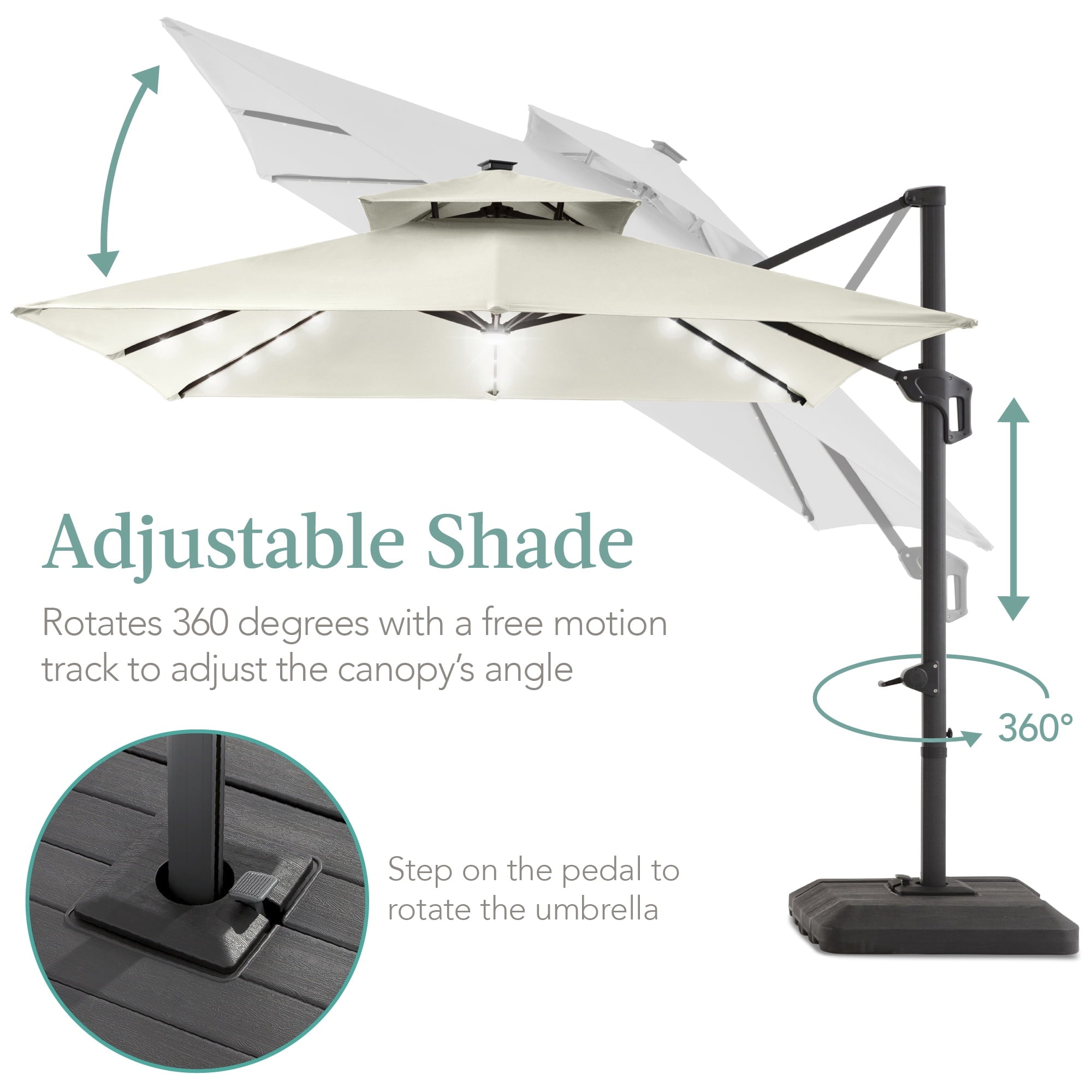 Best Choice Products 10x10ft 2-Tier Square Outdoor Solar LED Cantilever Patio Umbrella w/ Base Included - Tan