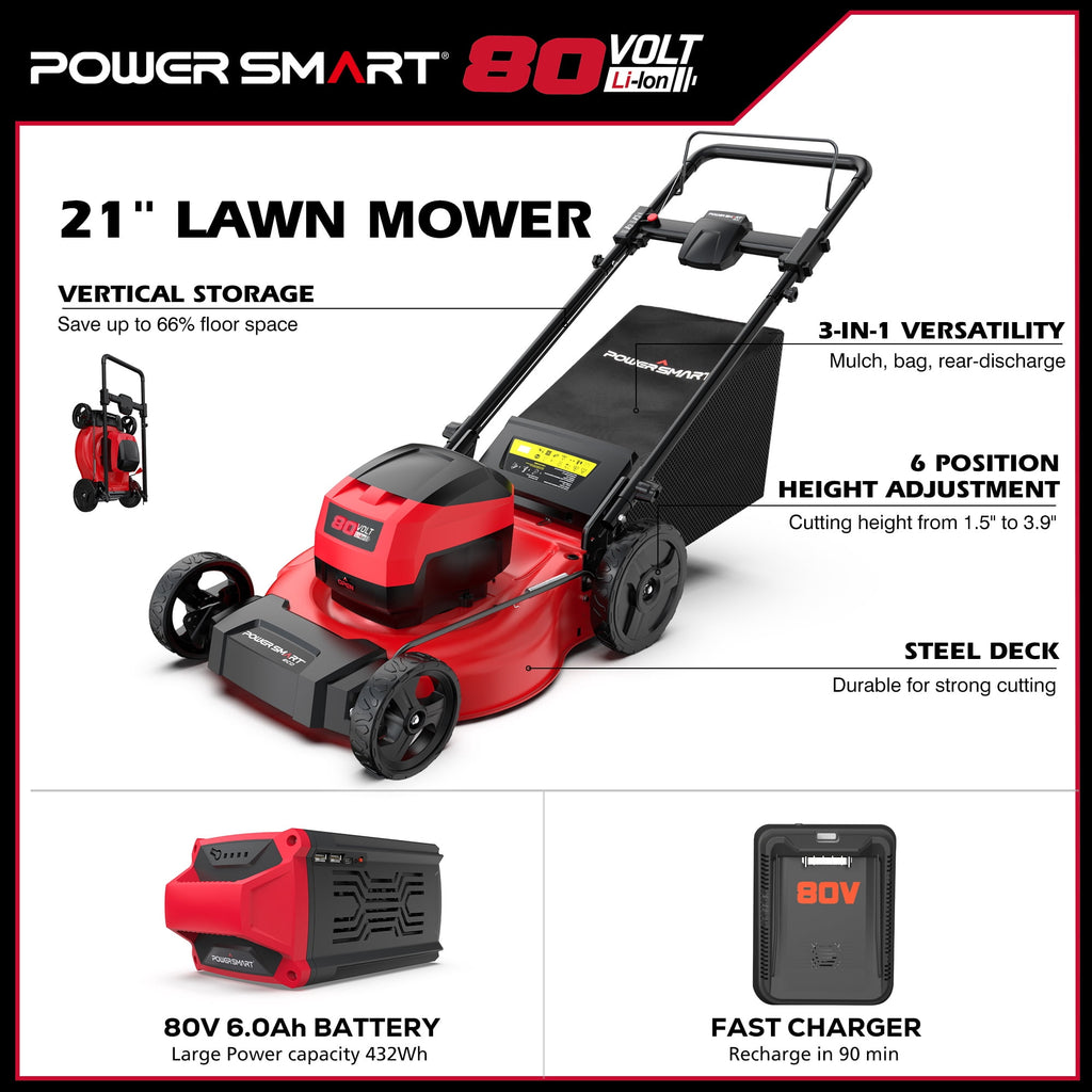 PowerSmart 80V MAX 21 Cordless Lawn Mower, 3-in-1 Brushless Electric Lawn Mower with 6.0Ah Battery and Charger