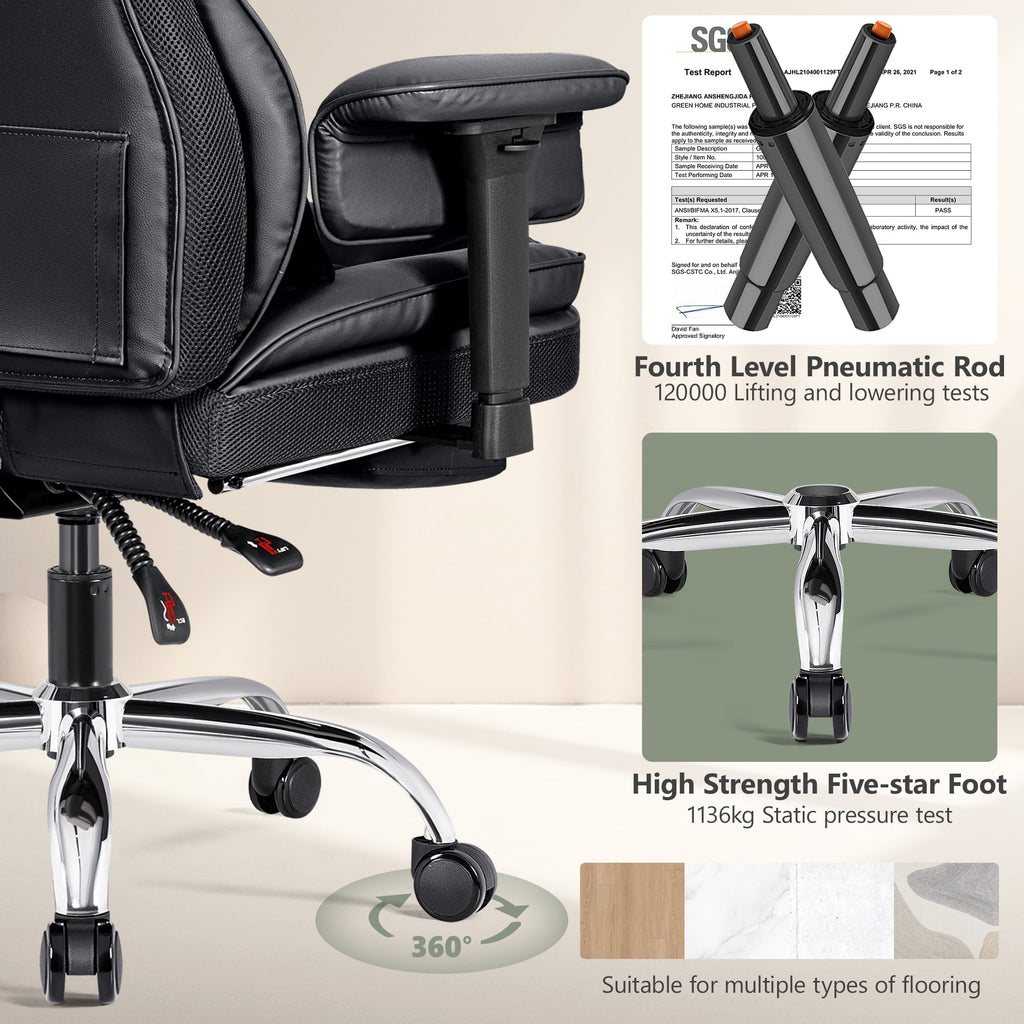 COOLHUT Big and Tall PU Leather Office Chair with Adjustable Headrest & Footrest, Executive Computer Desk Chair with 3D Adjustable Padded Armrest, Ergonomic Office Chair with Lumbar Support, Black