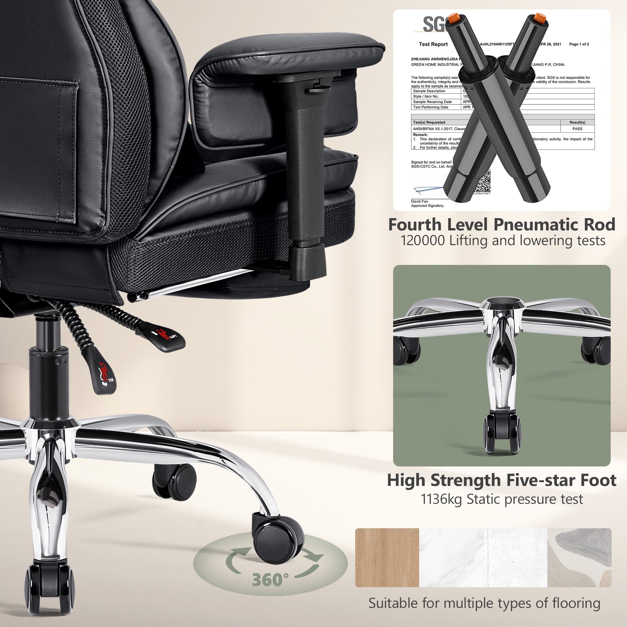 COOLHUT Big and Tall PU Leather Office Chair with Adjustable Headrest & Footrest, Executive Computer Desk Chair with 3D Adjustable Padded Armrest, Ergonomic Office Chair with Lumbar Support, Black