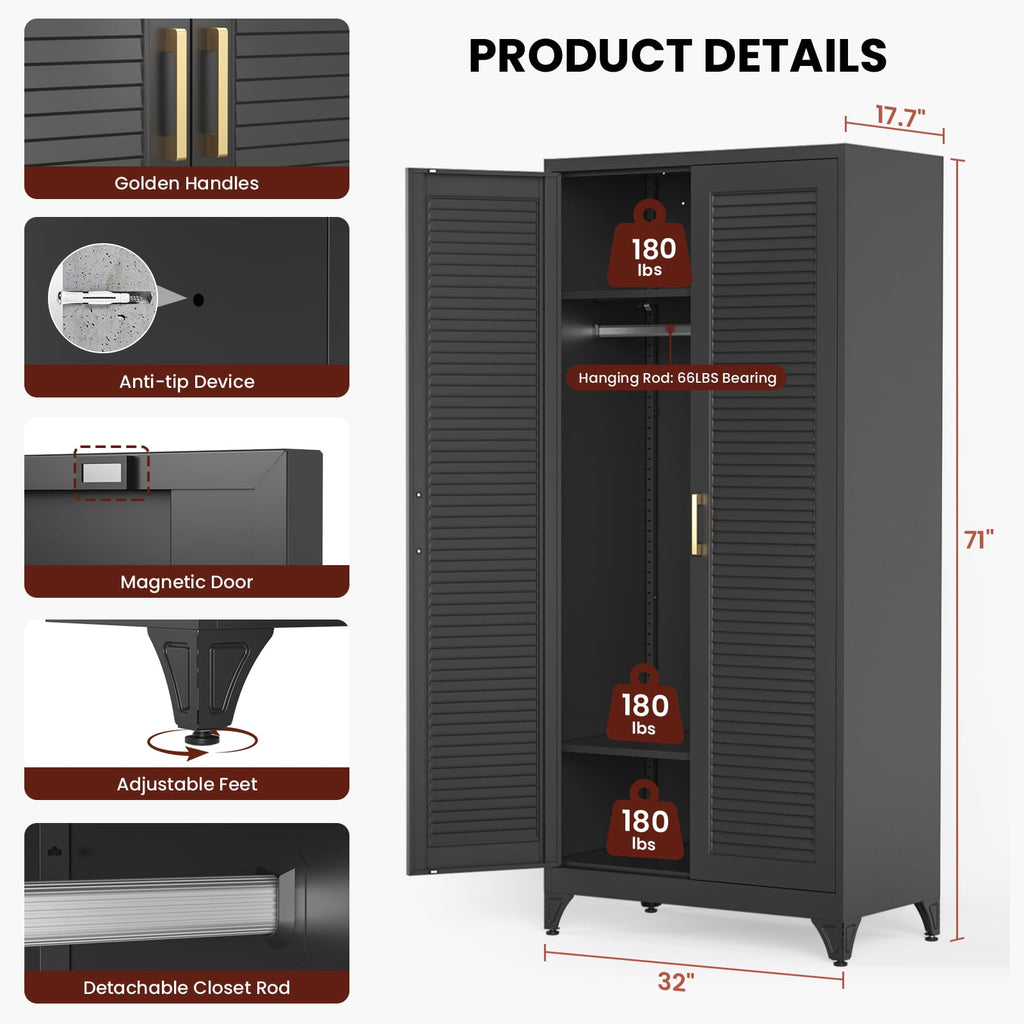 Polup 71 H Modern Metal Sturdy Armoire Cabinet with Shelves and Hanging Rod, Adult Bedroom Wardrobe Closet with Doors