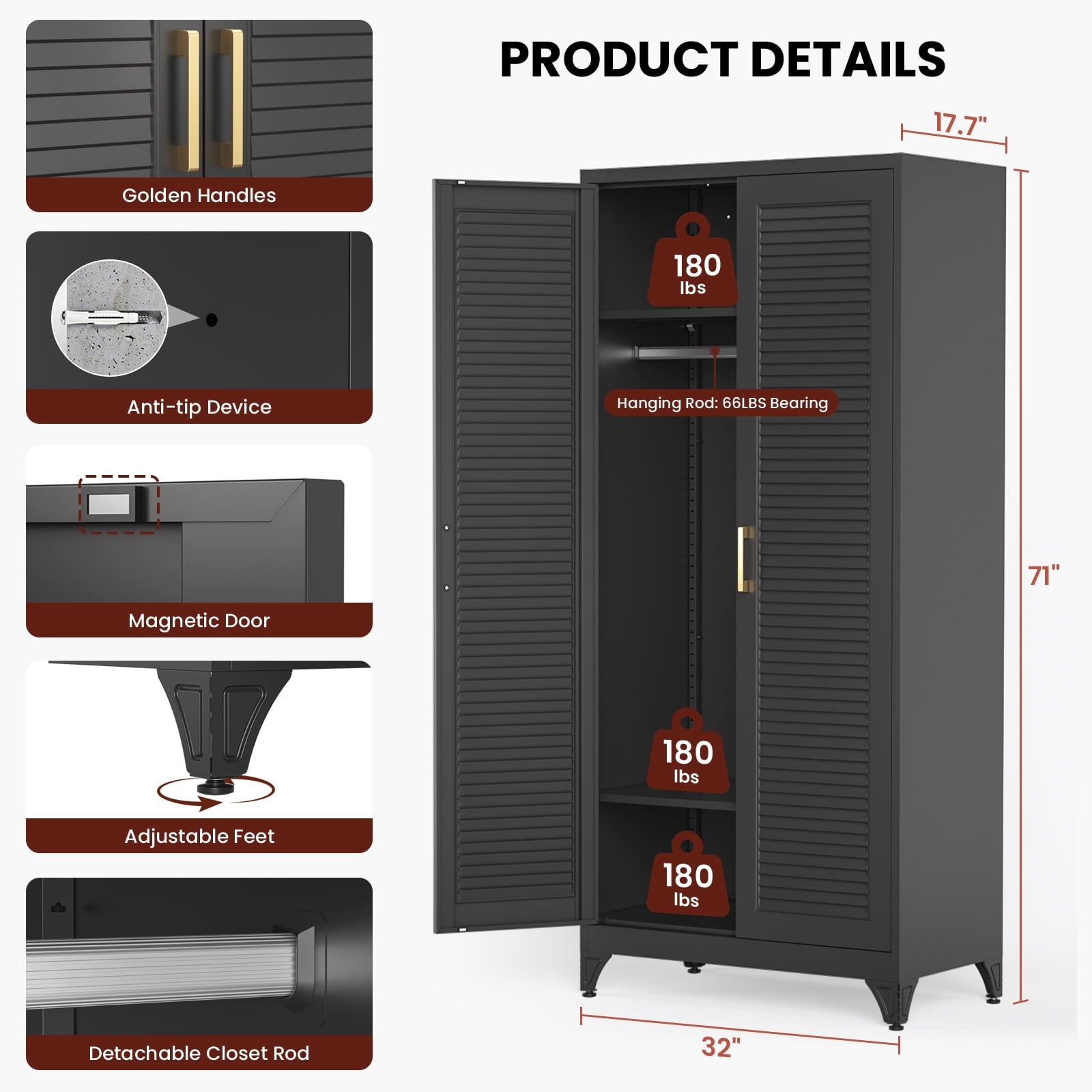 Polup 71 H Modern Metal Sturdy Armoire Cabinet with Shelves and Hanging Rod, Adult Bedroom Wardrobe Closet with Doors