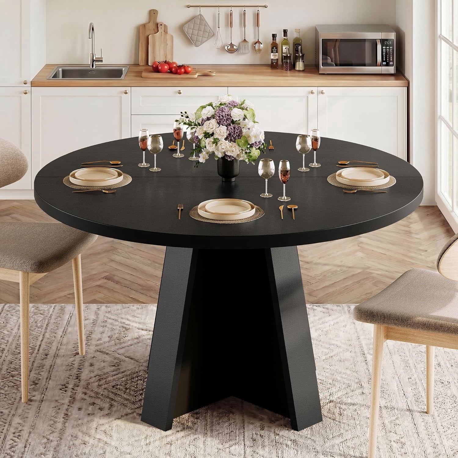 Laisnet 47 Round Dining Table for 6, Modern Wooden Dinner Table for Kitchen Living Room, Black