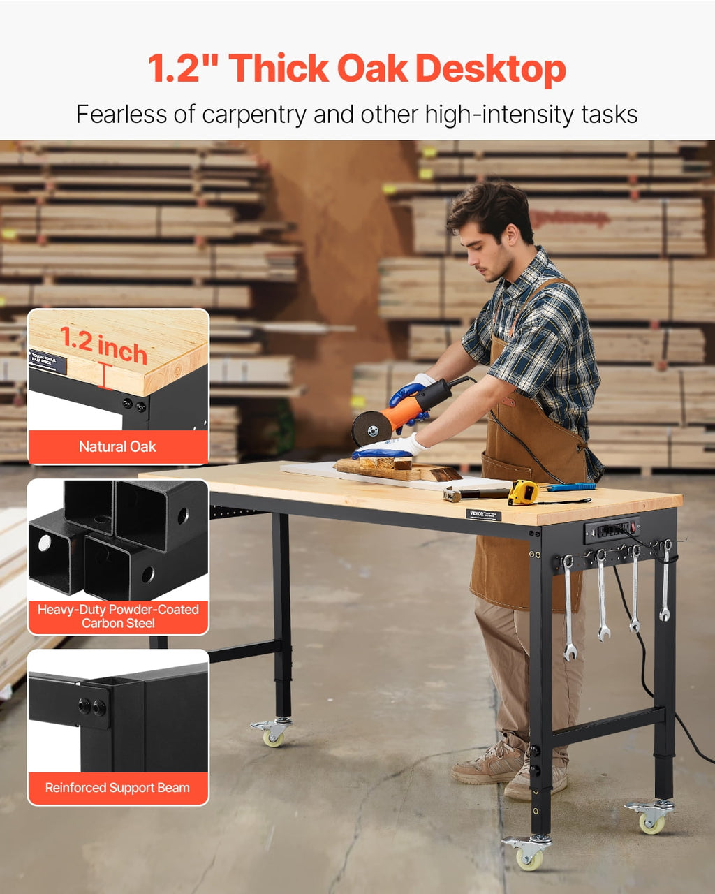 VEVOR 60-Inch Adjustable Workbench, 2000 lbs Load, Work Bench with Power Outlet, Wheels, and Pegboard, Heavy Duty Oak Wood Top Work Table for Garage, Workshop, Office, and Home