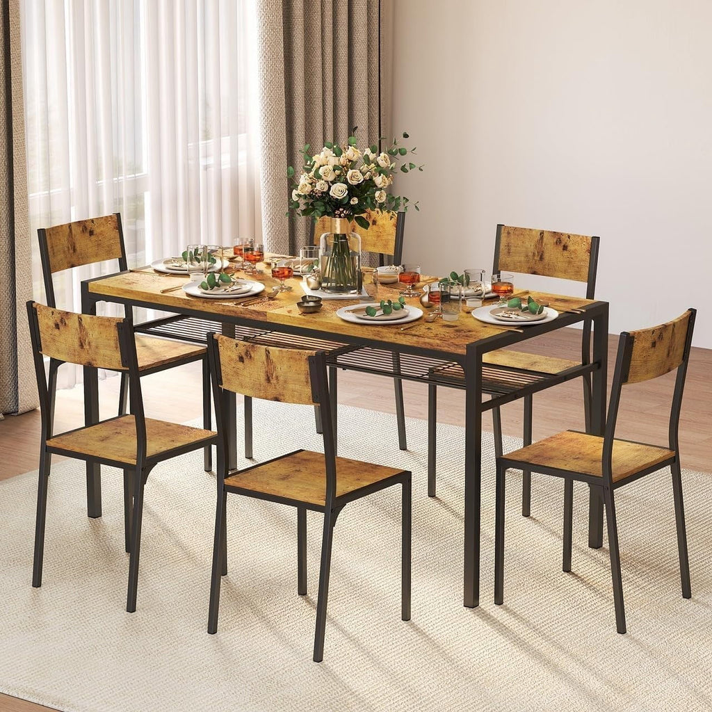 Aiho 7-Piece Dining Table Set for 6, Space-Saving Kitchen Table with Chairs, Compact Dining Furniture for Small Spaces & Apartments, Retro