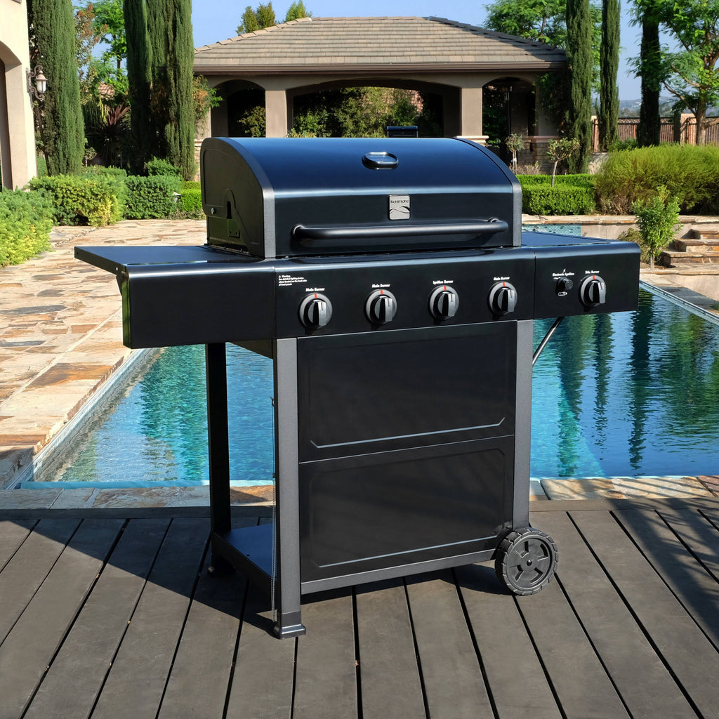 Kenmore 4-Burner Outdoor Propane Gas Grill with Side Burner, Open Cart, Stainless Steel