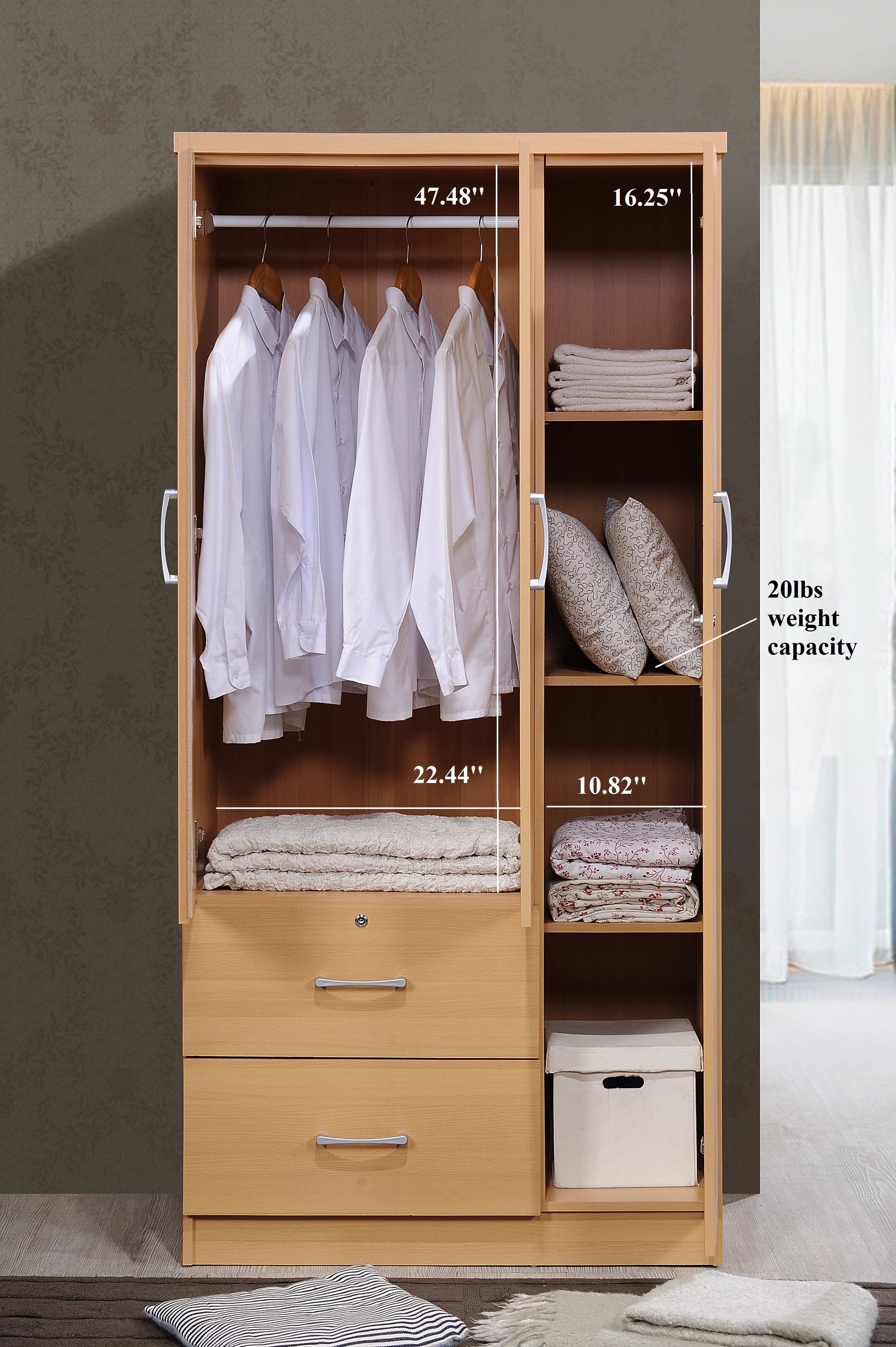 Hodedah 3 Door Bedroom Armoire with Drawers, White Finish