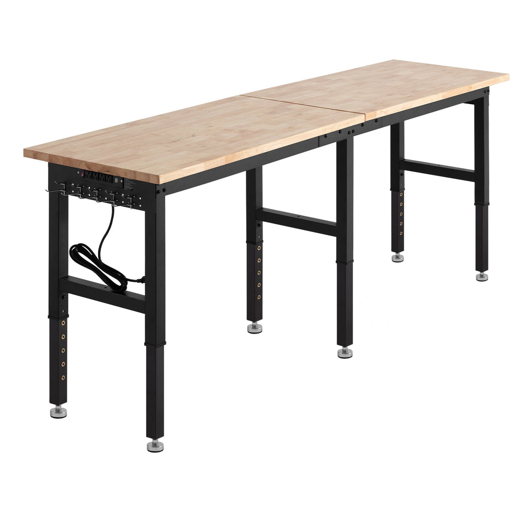 Adjustable Workbench, 5000 lbs Capacity, 96 x 24 Inch Oak Wood Top Workstation with 4 AC Outlets & 2 USB Ports, Heavy-Duty Hardwood Worktable for Garage, Workshop, Home, Office, Commercial