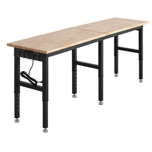 Adjustable Workbench, 5000 lbs Capacity, 96 x 24 Inch Oak Wood Top Workstation with 4 AC Outlets & 2 USB Ports, Heavy-Duty Hardwood Worktable for Garage, Workshop, Home, Office, Commercial