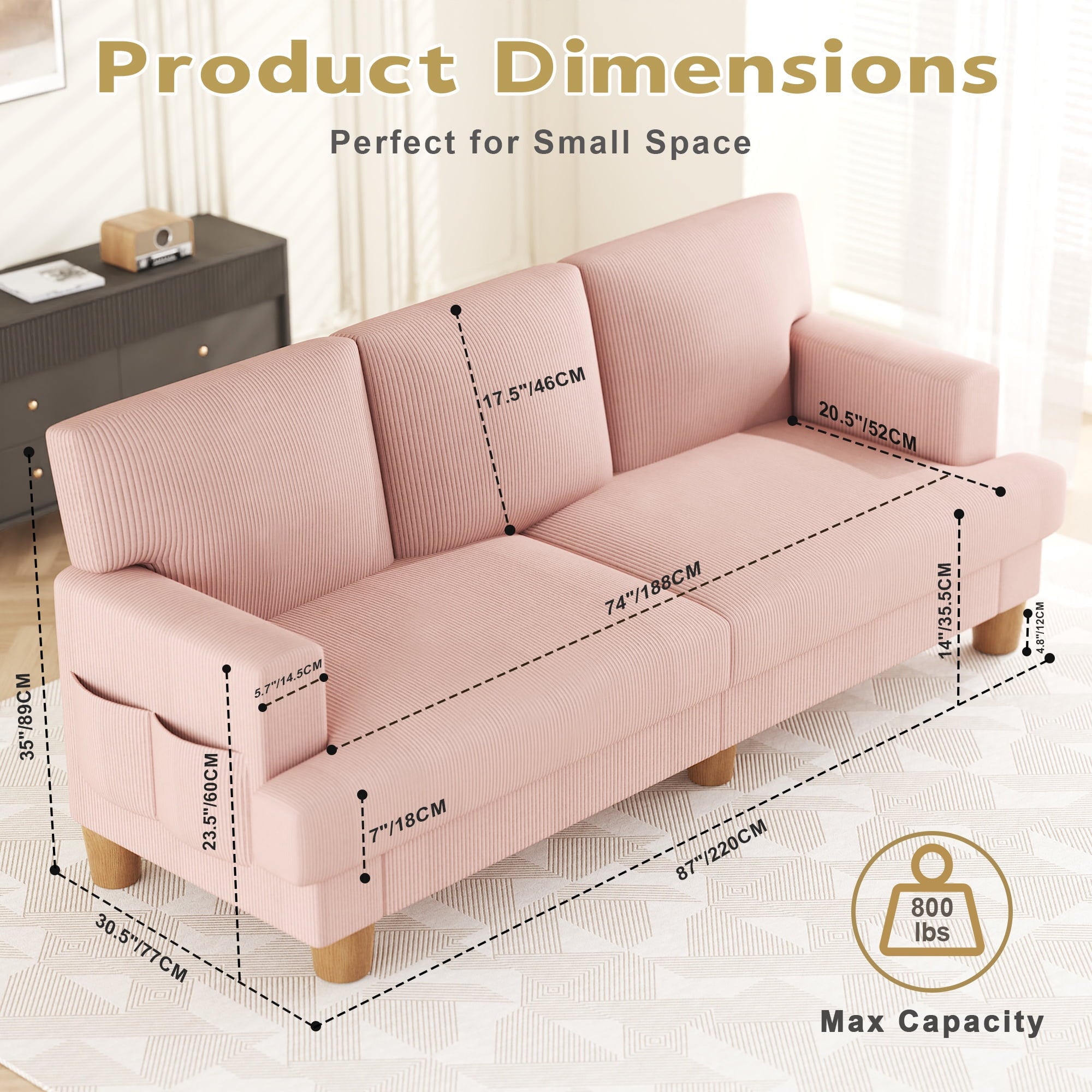 AAQZ 87 Corduroy Sofa Couch for Living Room, 3 Seater Deep Seat Comfy Couch in a Box, 2 Cushions, 2 Pillows Tool-Free Setup,Gray