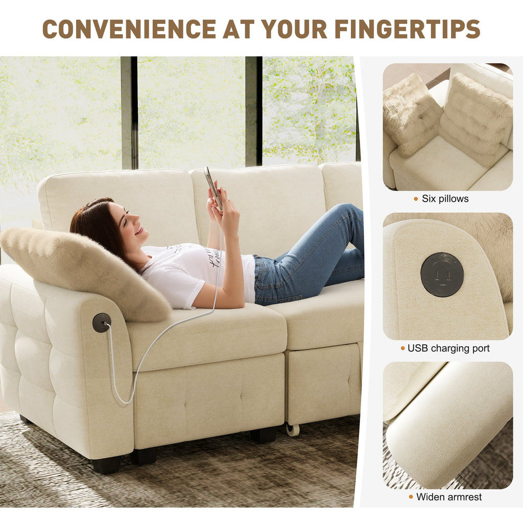 BedLuxury 83 Sectional Sleeper Sofa With Pull Out Bed, Storage Seat & USB Charging, L Shape Modern Couch for Living Room, Corduroy Gray