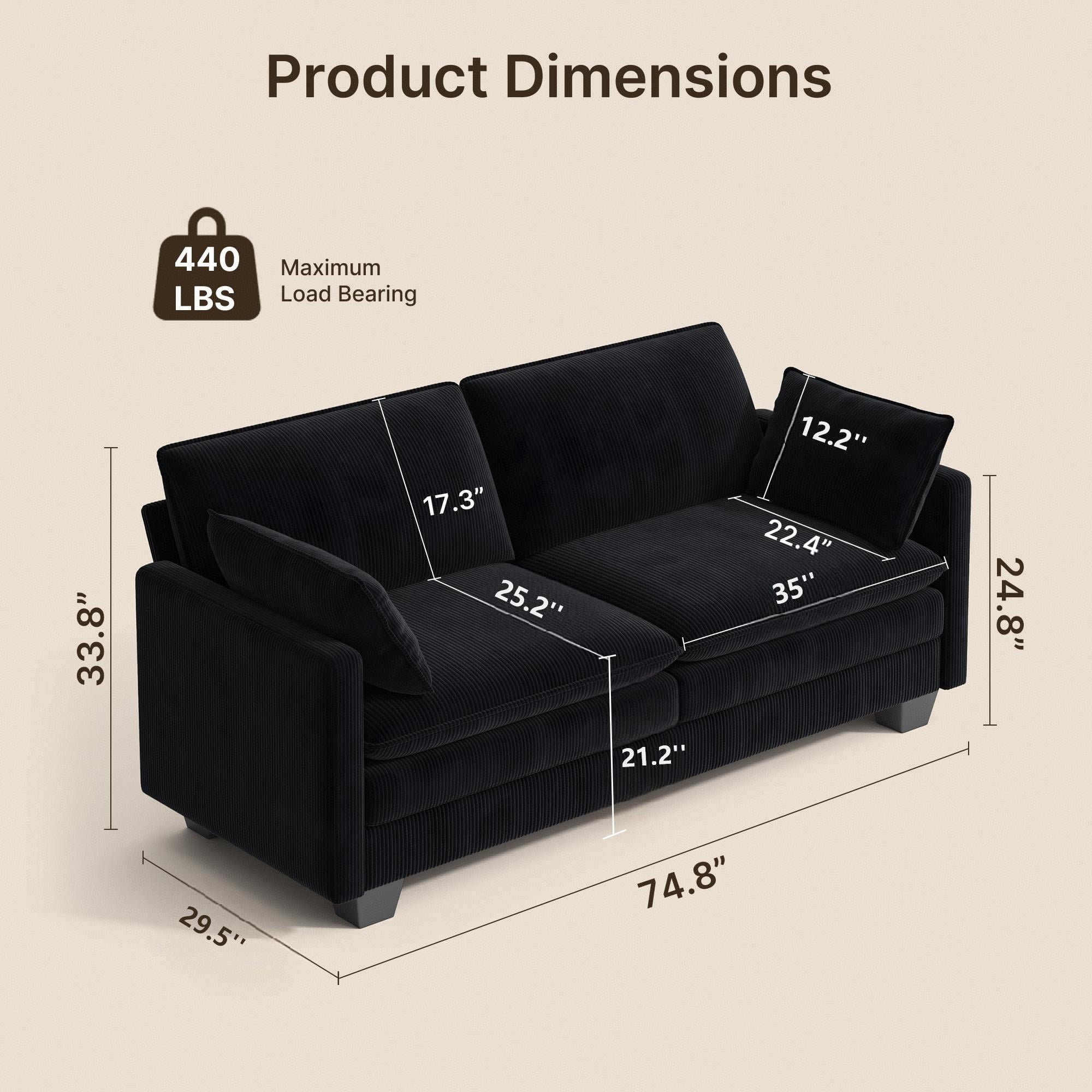 75’’ Cloud Couches for Living Room, Noelse L Shaped Modular Sofa with Deep Seats, 2 Seater Love Seat Couch with Removable Washable Corduroy Fabric for Living Room Bedroom and Apartment, Gray