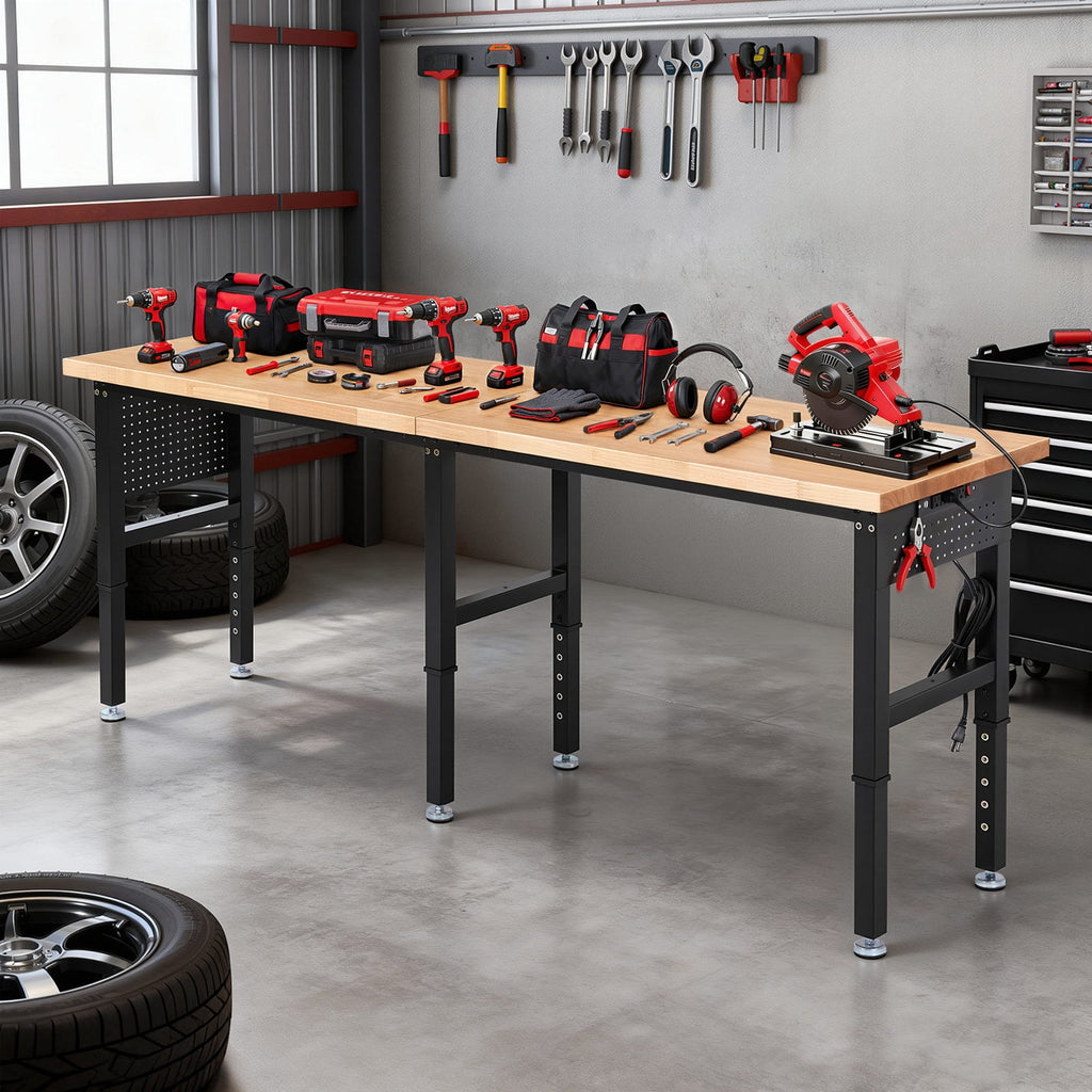 Workbench for Garage,ENJOYWOOD Heavy Duty 84 inch Wood Work Bench with Power Outlets and Peoboards,Rubber Wood Tabletop,5000 LBS Load Bearing Workstation Garage Desk Work Table