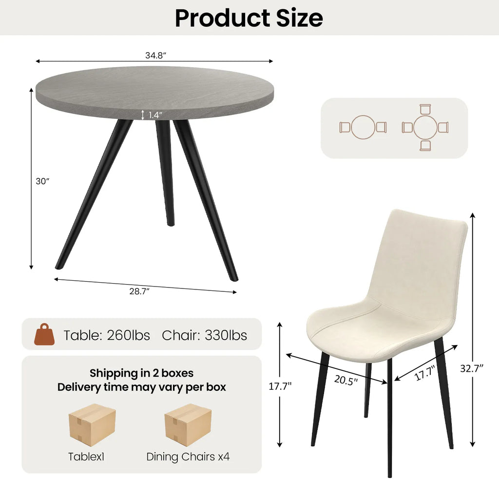 34.8 Round Dining Table for 4 People, Modern Circle Kitchen Table with Metal Legs for Kitchen, Dining Room, Apartment,Gray