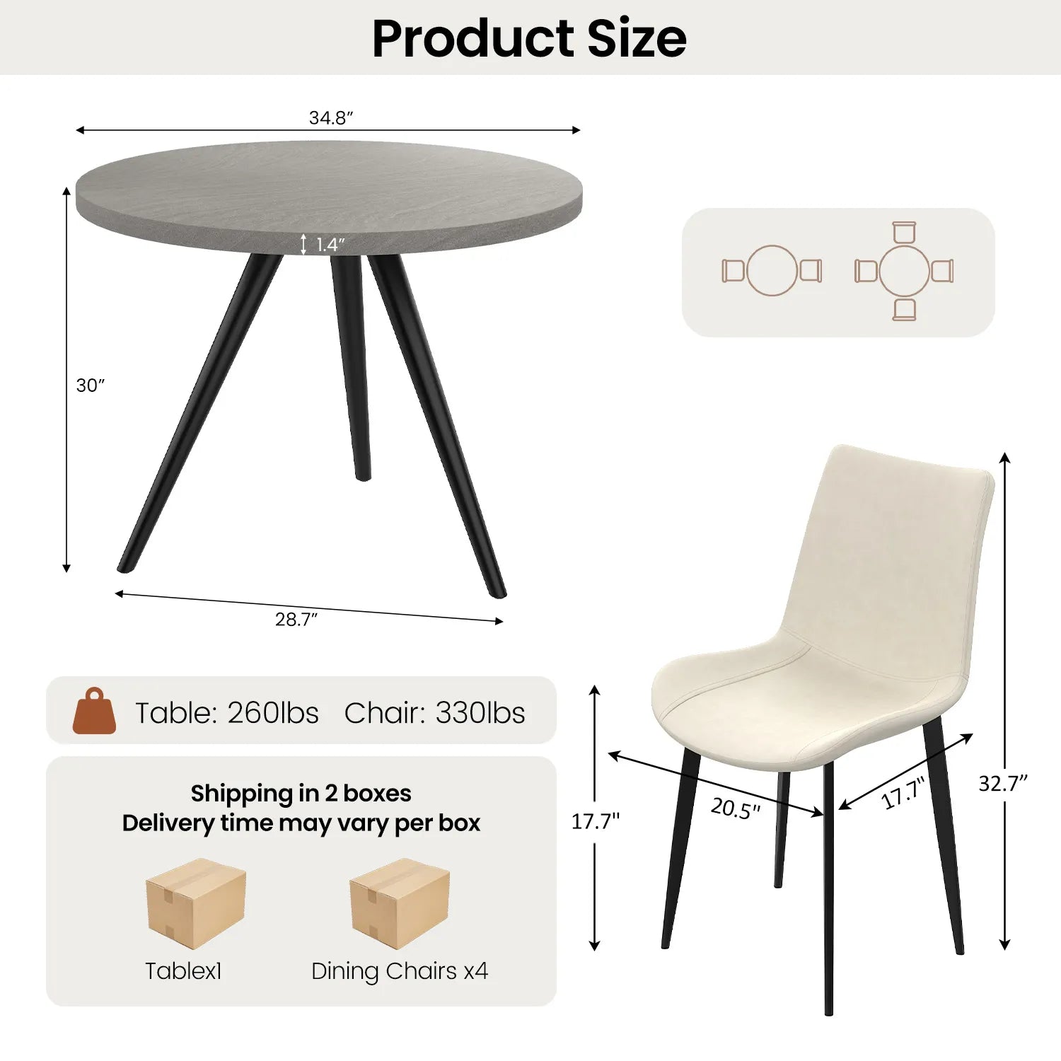 34.8 Round Dining Table for 4 People, Modern Circle Kitchen Table with Metal Legs for Kitchen, Dining Room, Apartment,Gray