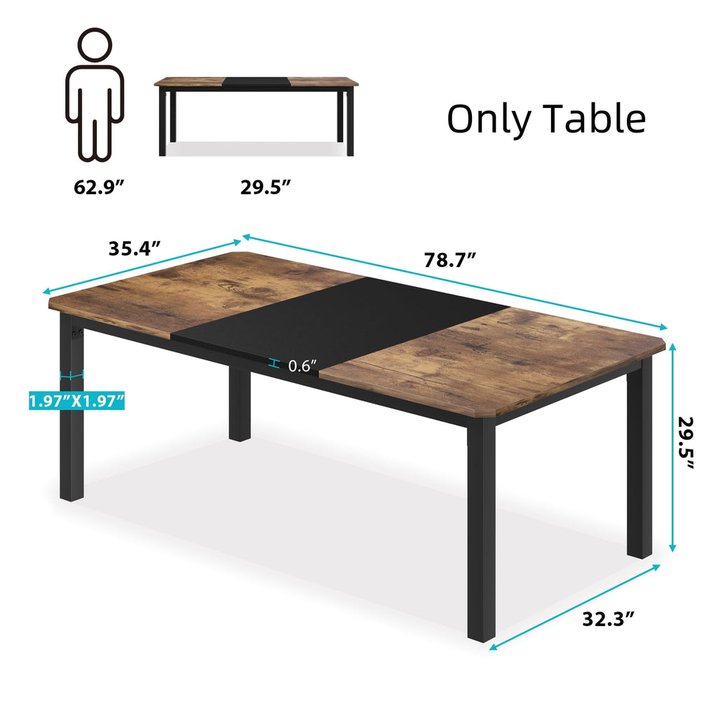 KOKEBREN 78.7 Inch Long Kitchen Table for 6-8, Dining Room Table for Kitchen Living Room, Large Rectangular Dinner Tables, Restaurant Tables with Sturdy Metal Frame(Only Table)-Black&Brown