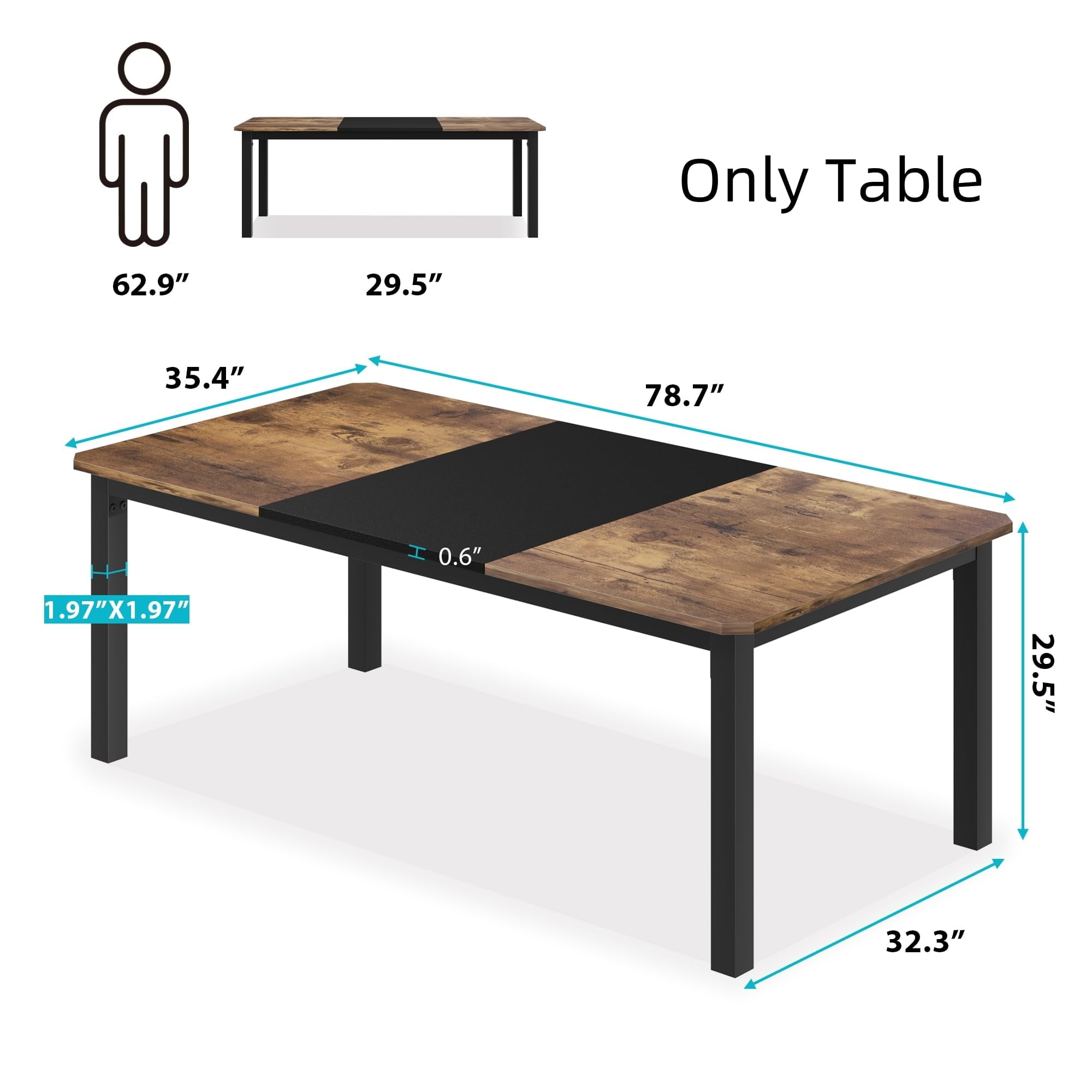 KOKEBREN 78.7 Inch Long Kitchen Table for 6-8, Dining Room Table for Kitchen Living Room, Large Rectangular Dinner Tables, Restaurant Tables with Sturdy Metal Frame(Only Table)-Black&Brown