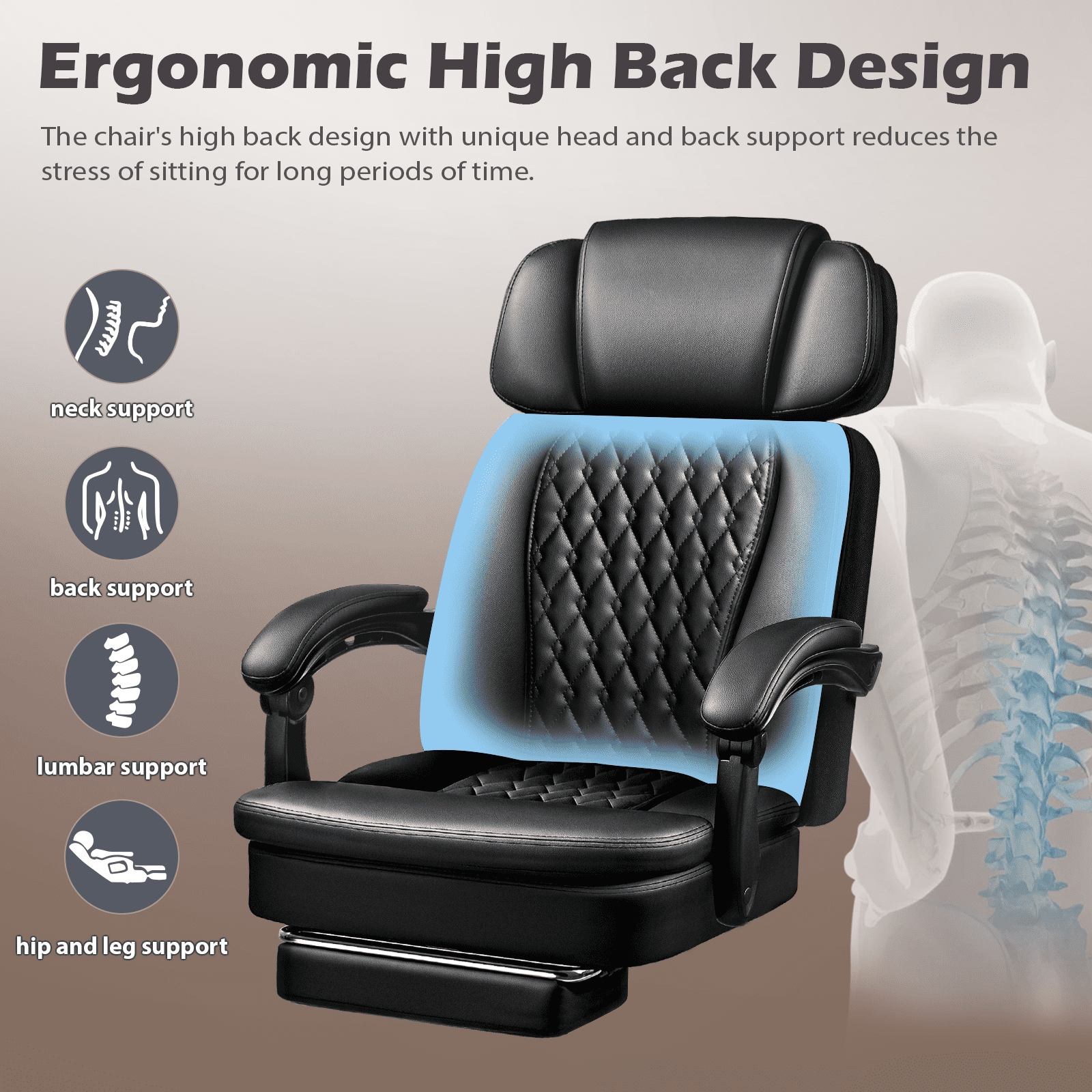 Waleaf Office Chair with Footrest,90-165°Reclining Ergonomic High Back Computer Desk Chair Lumbar Support for Home Office