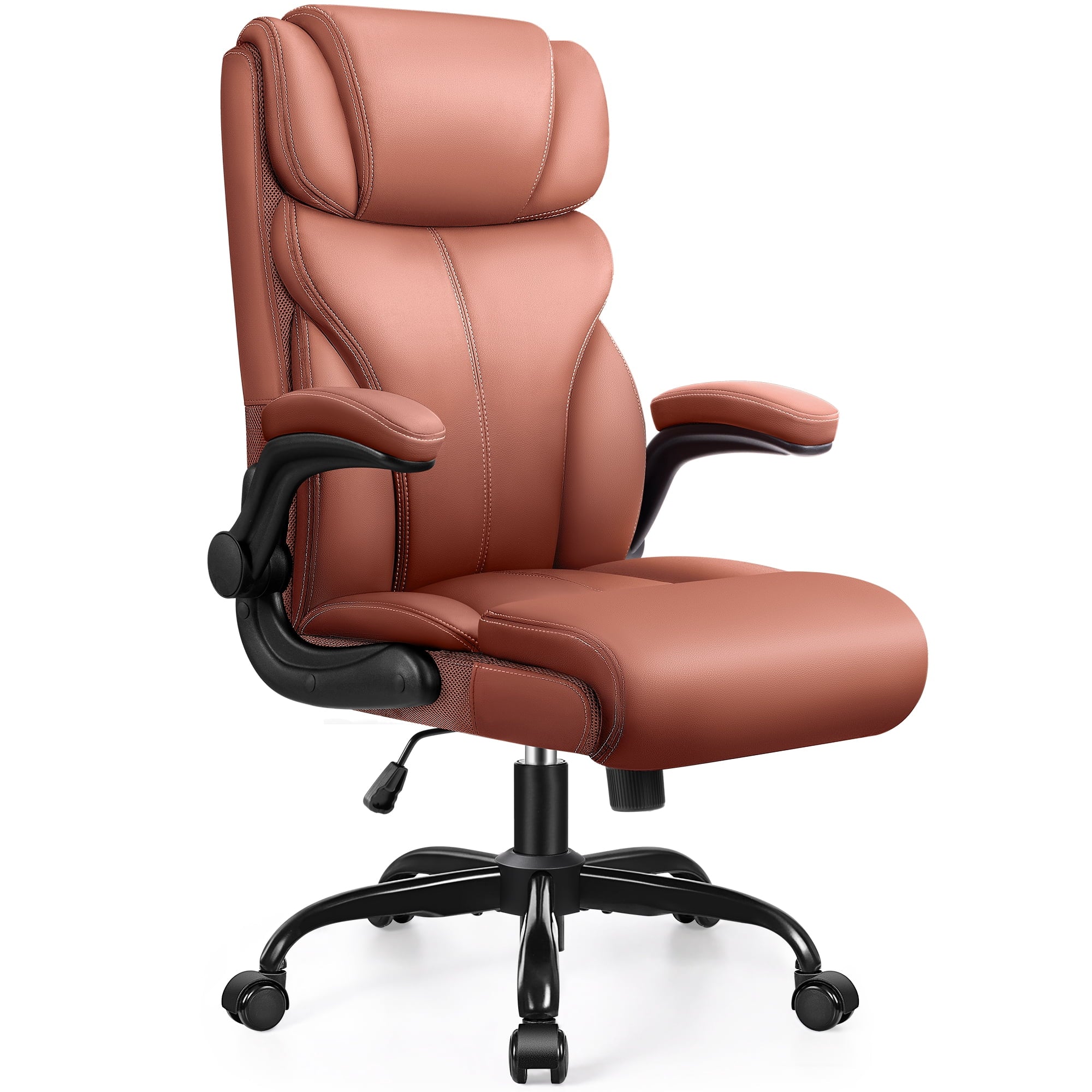 STACOO High Back Executive Office Chair 400lbs, Big and Tall Ergonomic Desk Chair with Lumbar Support & Flip-up Armrests, PU Leather Swivel Chair with Adjustable Height – Brown