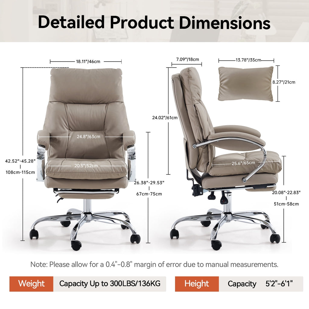 LEAGOO Reclining Office Chair with Foot Rest, Executive Office Chairs with Arms, Ergonomic High Back PU Leather Comfy Swivel Computer Desk Chairs with Wheels and Lumbar Support for Home Office, White