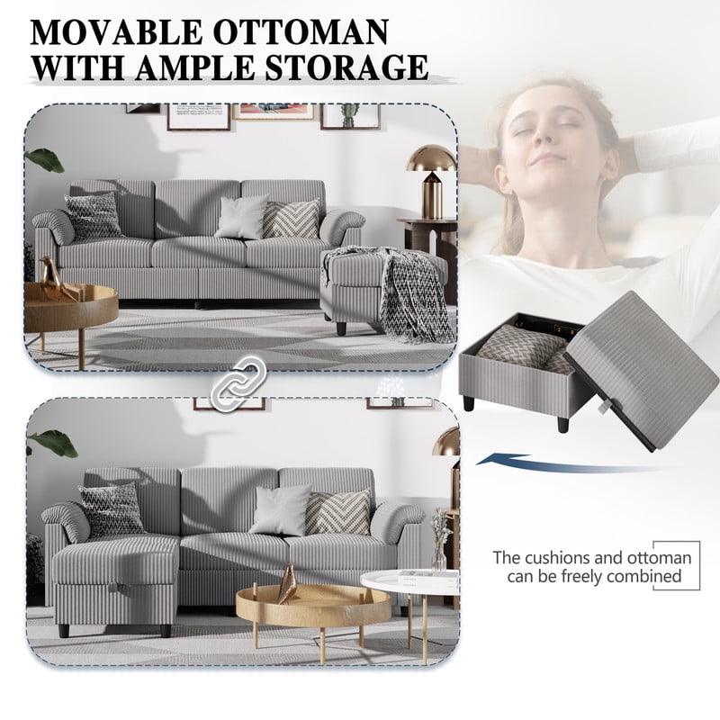 Walsunny 69 Convertible Sectional Sofa Couch with Storage Ottoman,L Shaped Sofa with Removable Pillows & Linen Fabric, Modern 3-Seat Couch with Reversible Storage Chaise,Dark Gray