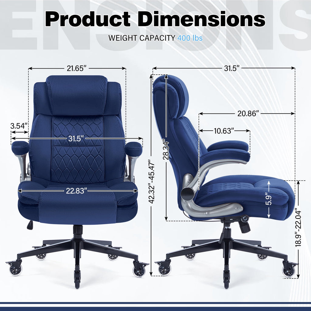 High Back Office Chair with Lockable Wheels, 400lbs Large Fabric Executive Desk Chair, Adjustable Lumbar Support Flip up Arms, Ergonomic Home Office Computer Chair with Storage Pocket, Black