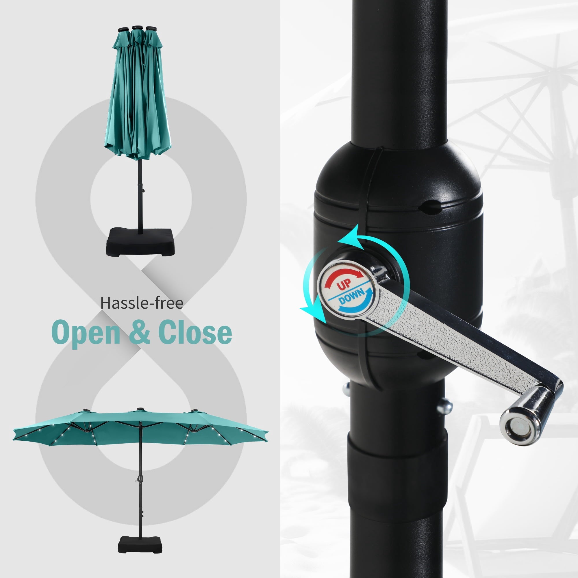 SUMMIT LIVING 15 FT Double-Sided Solar Patio Umbrella with Base Large Outdoor Umbrella with LED Solar Lights - Haze Blue