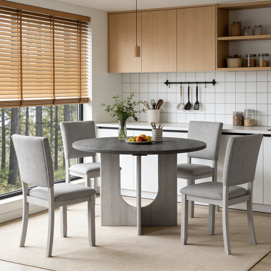 Leovanni Modern 48 5-Piece Solid Wood Dining Table Set with 4 Upholstered Chairs, Rectangular Kitchen & Dining Room Set, Natural