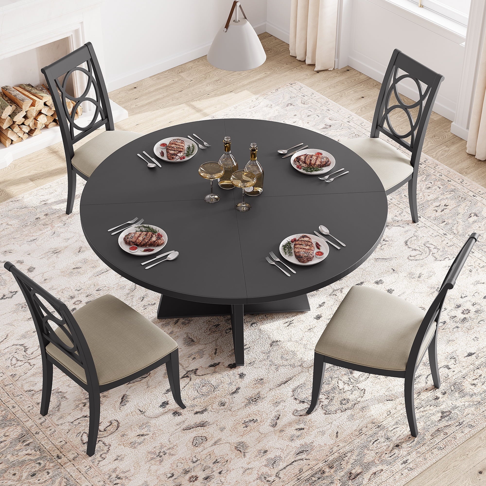 47'' Round Large Dining Table Set for 4 to 6,Mid Century Wood Dinner Table with Wide Tabletop and Cross Base,Dining Room Table for Home Dining Room or Living Room (No Chairs)