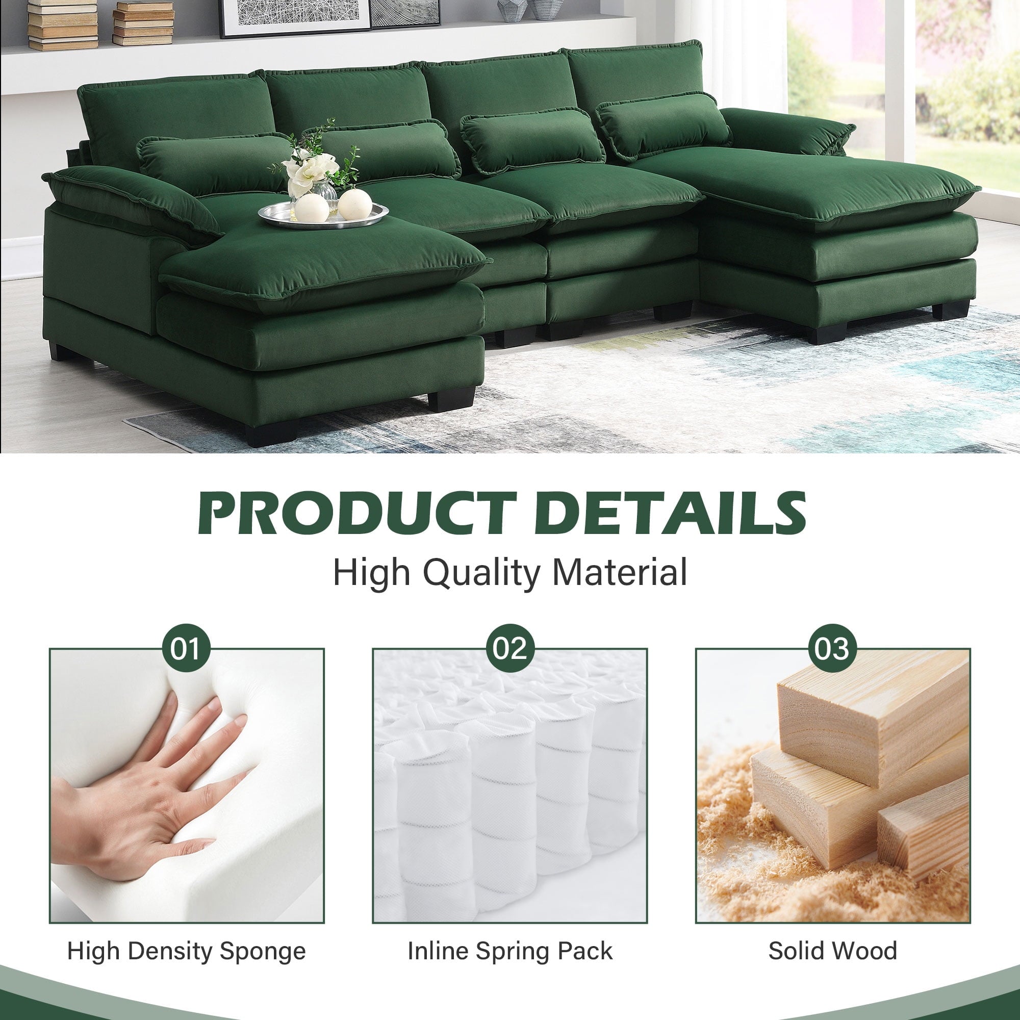 JONPONY109.45 U Shaped Couch,Oversized 4 Seat Sectional with 4 Waist Pillows, Convertible Upholstery Symmetrical Sofá,Sleeper Sofa Couch with Double Chaise Lounge &Memory Foam for Living Room, Beige