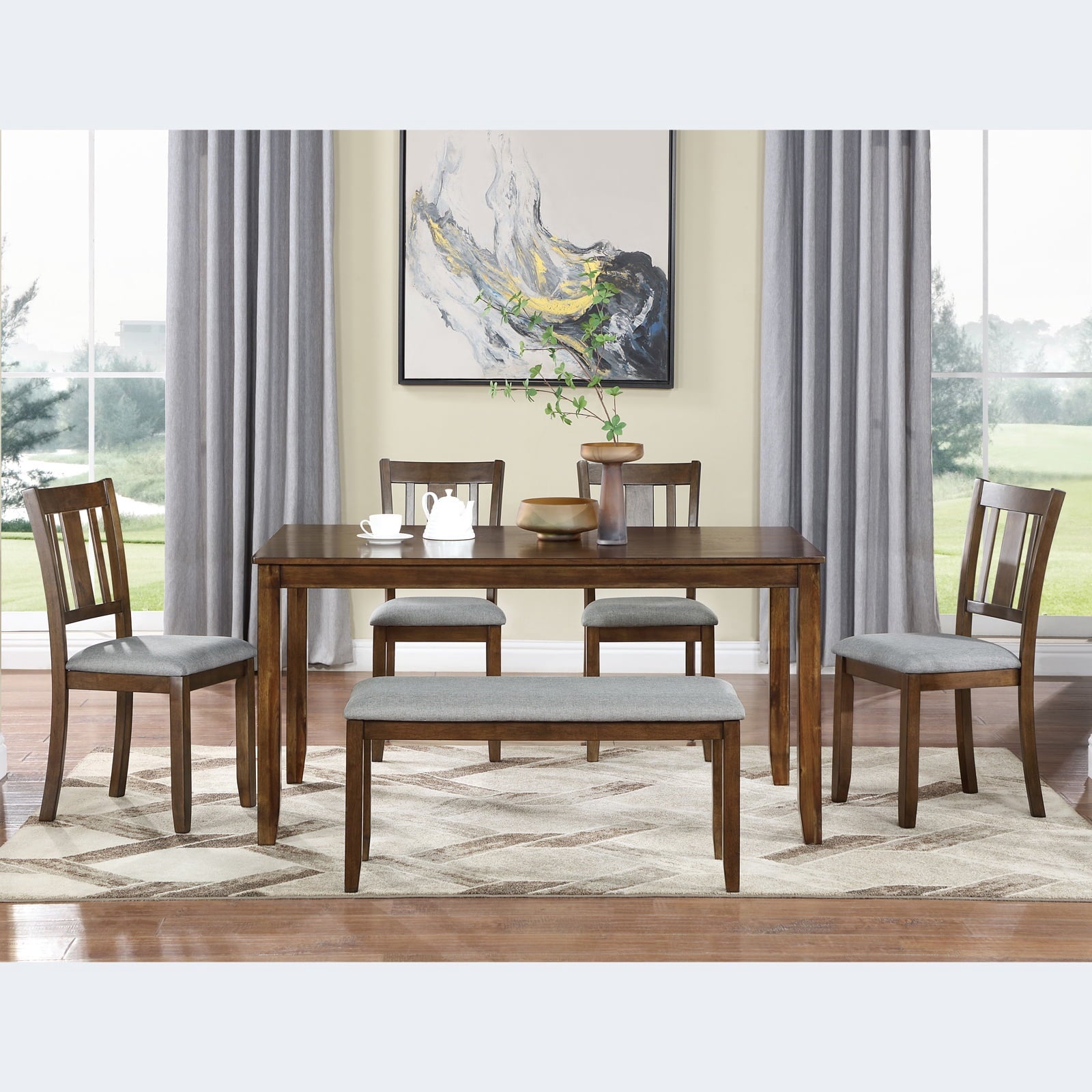 Dining Room Set, LEGAHOME 6 Piece Dining Sets with Bench and Chairs, Solid Wood Kitchen Dining Table Set for 6 with Upholstered Chairs, Gray
